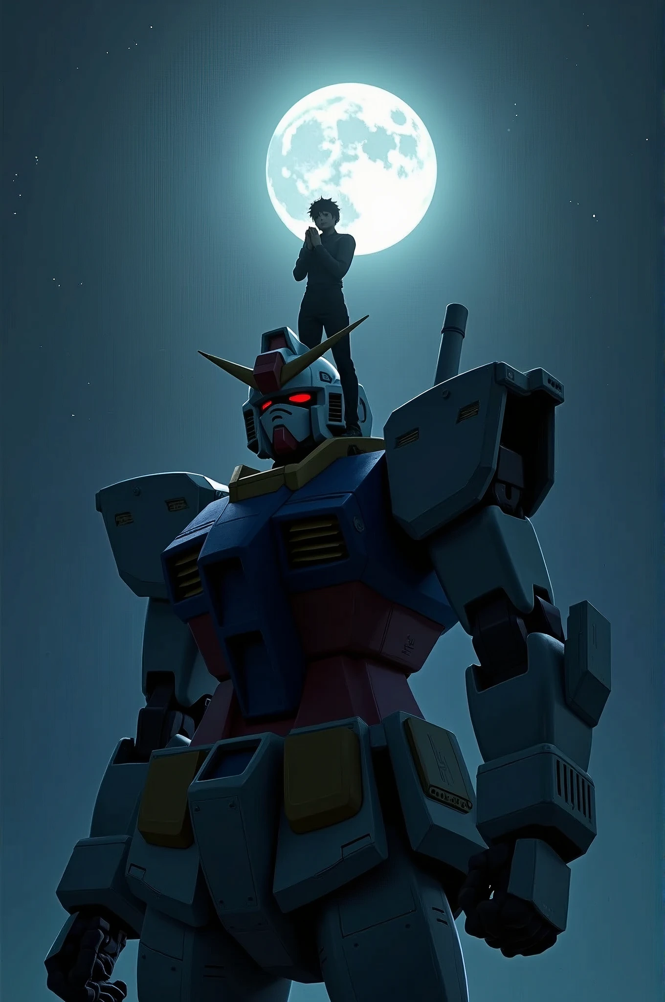 A pilot stands on the shoulder of his Gundam, praying in the moonlight, space scene, moonlit confession
