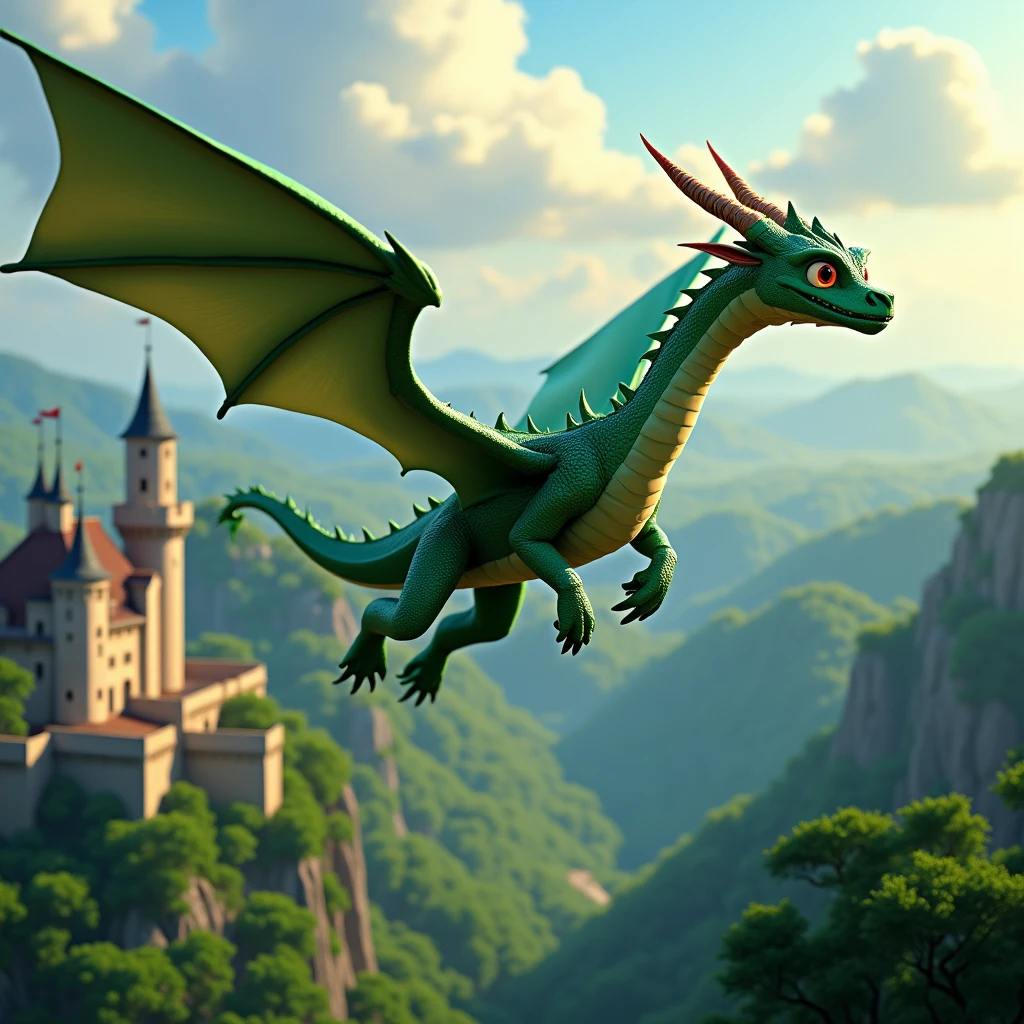 An image from a Pixar film featuring a majestic dragon with emerald-green scales and fiery-red eyes, soaring in the sky above a medieval castle, surrounded by a dense, enchanted forest.