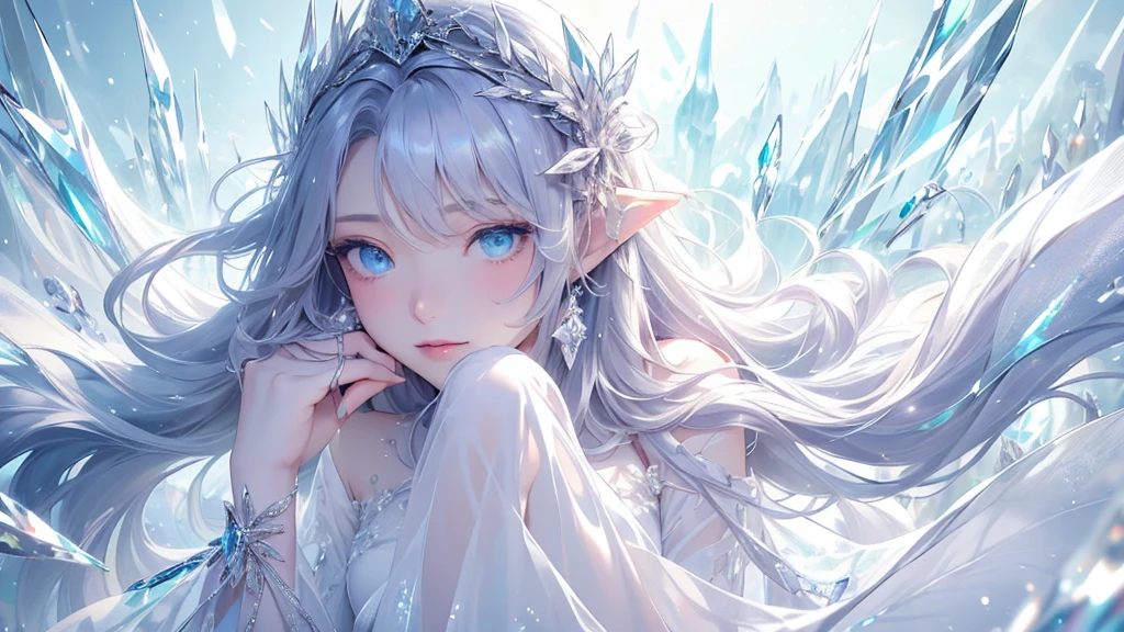 (masterpiece、Highest quality、Highest、Official Art、Beautiful and aesthetic、Long Exposure:1.2)、Smooth movement、Attractive patterns、One Girl、(Long dress with sleeves:1.3)、(((White clothes)))、Upper body close-up、Exposing shoulders、Korean Girls、smile、Light purple long hair、Portraiture、solo、Upper body、Looking at the observer、Detailed Background、Detailed face、(Crystallized AI、Crystal Theme:1.1)、Elemental Wind Elf、Rotating Wind、 Wind、White crystal clothes、Off the shoulder、Dynamic pose、Suspended particles、Aether Dynamics、Wind、vapor、背景にWind、White Tone、Wind、Ethereal atmosphere、medium breasts