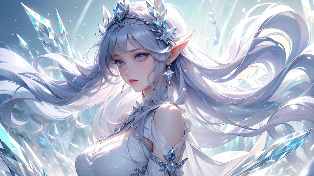 (masterpiece、Highest品質、Highest、Official Art、beautifully、aesthetic、exposed for a long time:1.2)、Smooth movement、Attractive patterns、One Girl、(Long dress with sleeves:1.3)、(((White clothes)))、Upper Body close-up、Expose your shoulders、Korean Girls、smile、Light purple long hair、Portraiture、alone、Upper Body、Looking at the observer、Detailed Background、Detailed face、(Crystallized AI、Crystal Theme:1.1)、Elemental Wind Elf、回転Wind、 Wind、White crystal clothes、Dynamic pose、Suspended particles、Aether Dynamics、旋Wind、vapor、背景に旋Wind、White Tone、旋Wind、Ethereal atmosphere、from front:1.4