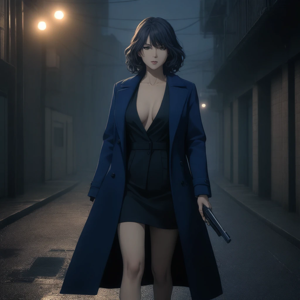 ((masterpiece)), ((best high quality)), ((perfect anatomy)), ((perfect face)), ((1woman)), ((ultra detailed)), ((alone)), ((NSFW)), mature gorgeous woman with depressed expression, in only an overcoat and sneakers, large breasts, well-build toned fit slim body, exposed vagina, holding a Colt M1911A1 pistol with her right hand, standing in the Tokyo empty coastlins setting, suspense dark atmosphere, nighttime atmosphere, warm blue tone palette pattern, thriller, depression, ((8K_resolution)), ((CGI)), ((Anime_Artstyle)),