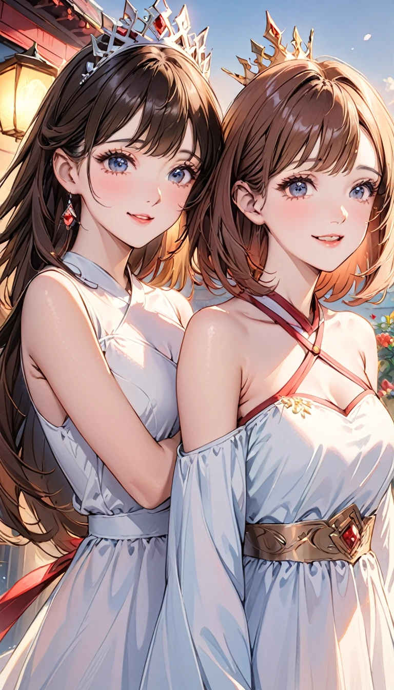(2 young girls with long hair, Beautiful face and eyes and eyeliner,A delicate little face, pink eyes, Charming smile, (Maid cafe outfit with frilly, Sheer pleated mini skirt:1.5), (Transparent maid cafe costume with large open breasts and hollow:1.2), Sexy transparent underwear,Show belly button, Revealing sexy transparent white panties (very pretty girl), brown hair, Fashion hair accessories quality:1.4), (Extremely detailed),Pendants and earrings、 (Extremely detailed CG unified 8k wallpaper), Very detailed, High-resolution original color photos, Professional photography, Depth of Field, (view from below),