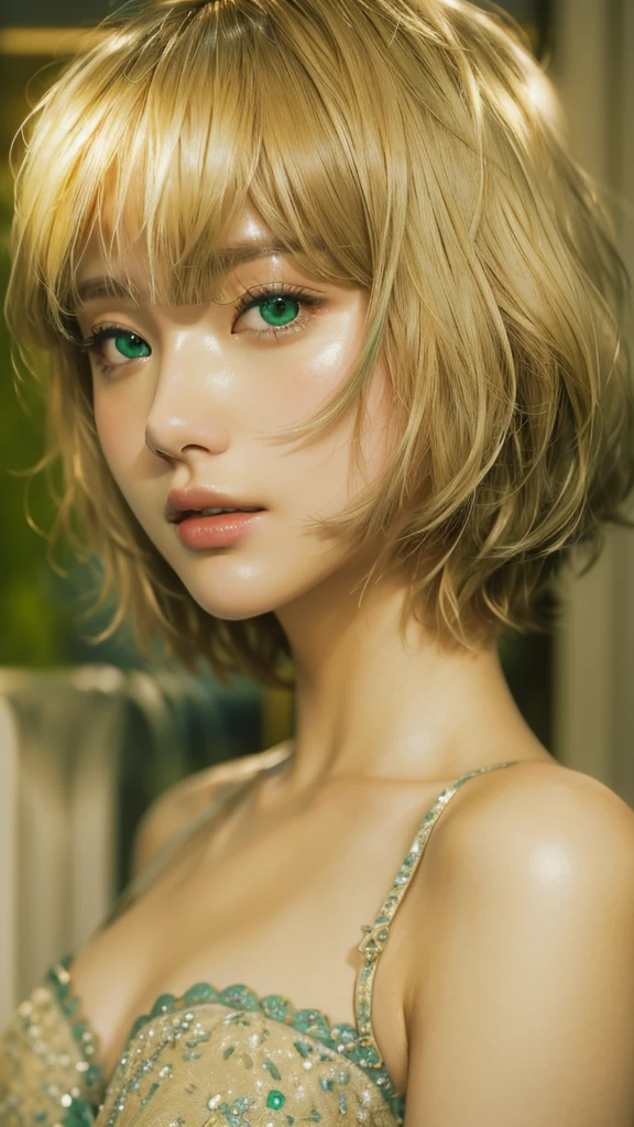 緑色の目をしたBlondeの女性と緑色のブラトップが写真のポーズをとっている, Soft Portrait Shot 8k, Short Hair, Blonde、Green Eyes, Short Hair with bangs, 8K Portrait Rendering, Shot with Canon EOS R 6, Urop, Reusch and Klump style, Green Eyesをしたセクシーな女の子, Short blonde hair with bangs, [ 4K Photorealism ]!!