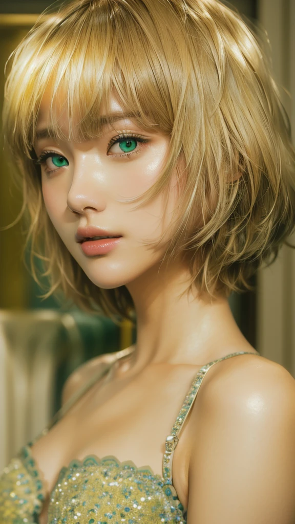 緑色の目をしたBlondeの女性と緑色のブラトップが写真のポーズをとっている, Soft Portrait Shot 8k, Short Hair, Blonde、Green Eyes, Short Hair with bangs, 8K Portrait Rendering, Shot with Canon EOS R 6, Urop, Reusch and Klump style, Green Eyesをしたセクシーな女の子, Short blonde hair with bangs, [ 4K Photorealism ]!!