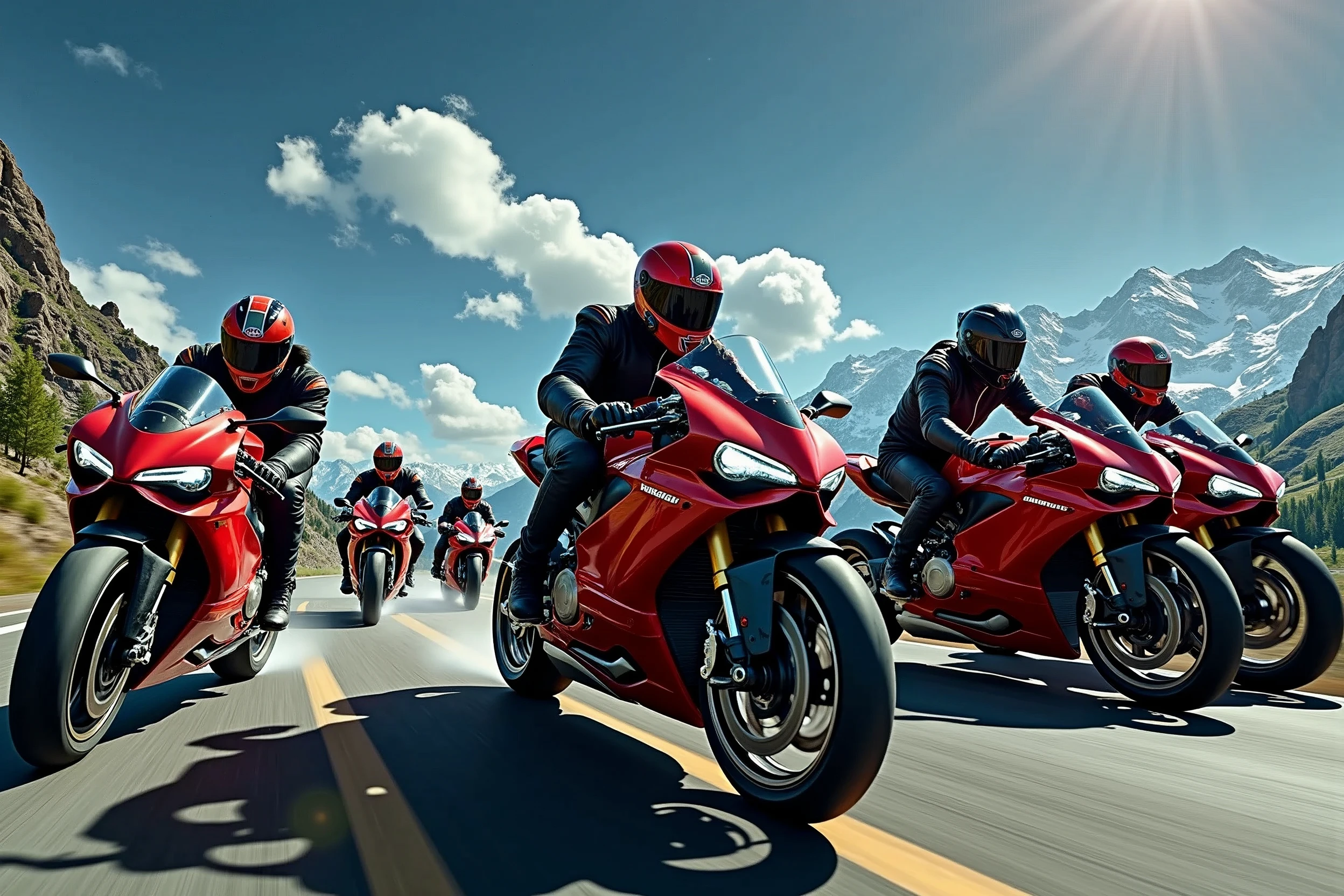 5 Ducati Panigale V4 riders streak across the winding asphalt, their sleek motorcycles leaving trails of smoke as they hurtle towards the rugged mountain range in the distance. The matte painting-style backdrop features towering peaks, lush green forests, and wispy cloud formations. Sunlight casts long shadows on the road, illuminating the motorcyclists' helmets and jackets as they bank into a turn, their tires screeching in perfect harmony., retina, accurate, masterpiece, super detail, high details, best quality, award winning, highres, HD, 4K, 8k, 16k, retina, accurate, masterpiece, anatomically correct, textured skin, super detail, high quality, award winning, highres, 8k, 16k