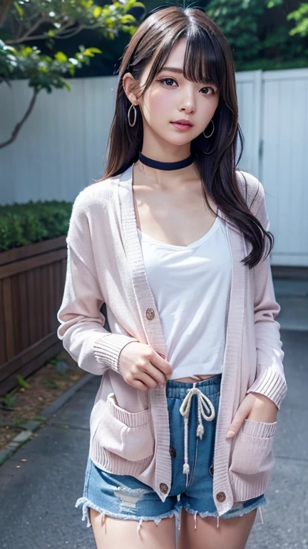 ((Open Front Cardigan、Drawstring Cami、Pintuck shorts))beautiful, calm and bright look、Refreshing look、完璧なbeautifulcute顔、Very bright、Long bangs between the eyes、Long black hair straight hair、とてもcute、beautifully、Young little woman、非常に完璧なbeautifulcute顔、、Real17歳女性、cute,((Small breasts:1.4))、(()) And a very slim figure,Very thin leganicules、Earrings、Pink Lip、choker、Real、Highest quality、Detailed face、Detailed Background、Depth of written boundary、alone、night,Highest quality、High resolution、超High resolution(Real:1.4)Detailed eyes、Gradation、Perfect anatomical figure、Woman with perfect body、Highly detailed skin、非常にDetailed face、細部までbeautiful目、Background blur、whole body viewing angle、