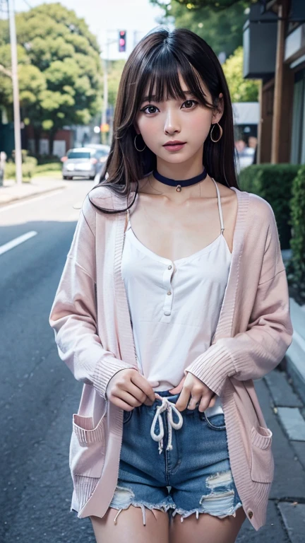 ((Open Front Cardigan、Drawstring Cami、Pintuck shorts))beautiful, calm and bright look、Refreshing look、完璧なbeautifulcute顔、Very bright、Long bangs between the eyes、Long black hair straight hair、とてもcute、beautifully、Young little woman、非常に完璧なbeautifulcute顔、、Real17歳女性、cute,((Small breasts:1.4))、(()) And a very slim figure,Very thin leganicules、Earrings、Pink Lip、choker、Real、Highest quality、Detailed face、Detailed Background、Depth of written boundary、alone、night,Highest quality、High resolution、超High resolution(Real:1.4)Detailed eyes、Gradation、Perfect anatomical figure、Woman with perfect body、Highly detailed skin、非常にDetailed face、細部までbeautiful目、Background blur、whole body viewing angle、