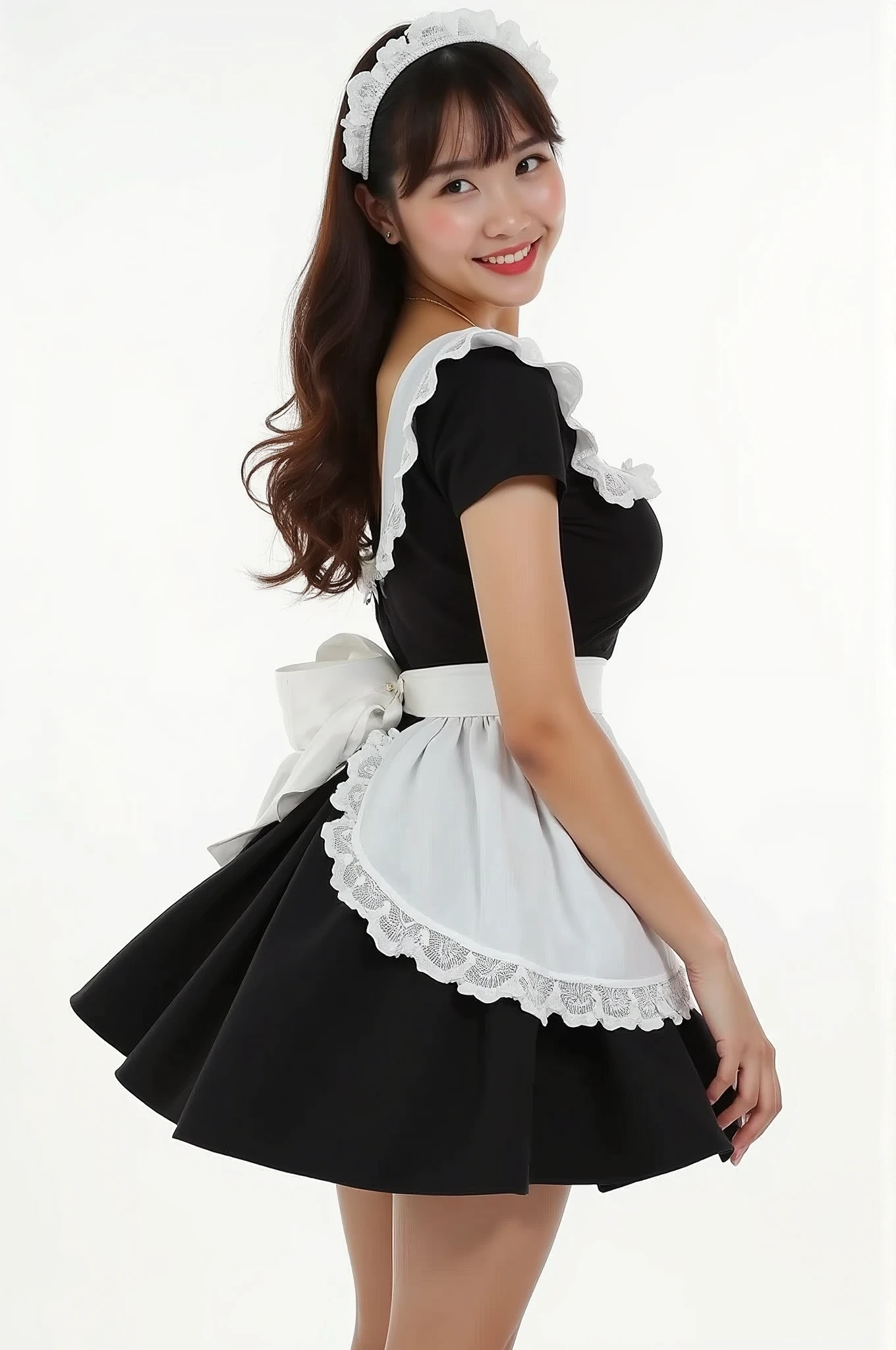 (Highest quality、Tabletop、、Best image quality、Award-winning works)、Beautiful maid、(Perfect Black and White Luxury Short Maid Dress:1.2)、(Berry Mini Skirt Maid Dress:1.2)、(Bold exposure of thighs:1.2)、(Rear View:1.4)、(The simplest pure white background:1.3)、The best smile、Smiling with beautiful teeth、(Large Breasts:1.1)、(Beautiful legs:1.1)、(From below:1.4)