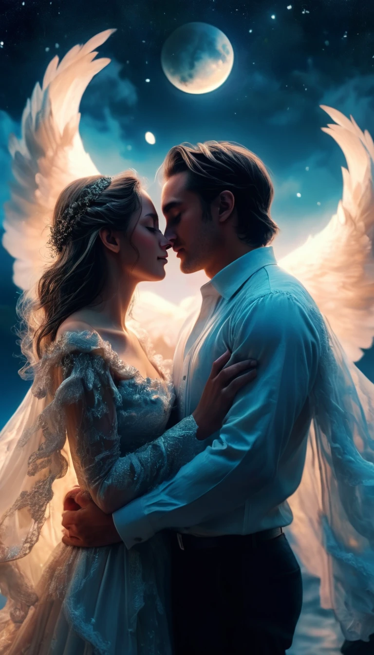 Moonlight confession, intricate detailed moonlight romantic couple, emotional dramatic lighting, beautiful flowing fabric, dreamlike ethereal atmosphere, delicate tender embrace, intense passionate connection, serene calming night sky, soft glowing moonlight, stunning detailed background, atmospheric moody tones, photorealistic hyperrealistic style, (best quality,4k,8k,highres,masterpiece:1.2),ultra-detailed,(realistic,photorealistic,photo-realistic:1.37)
