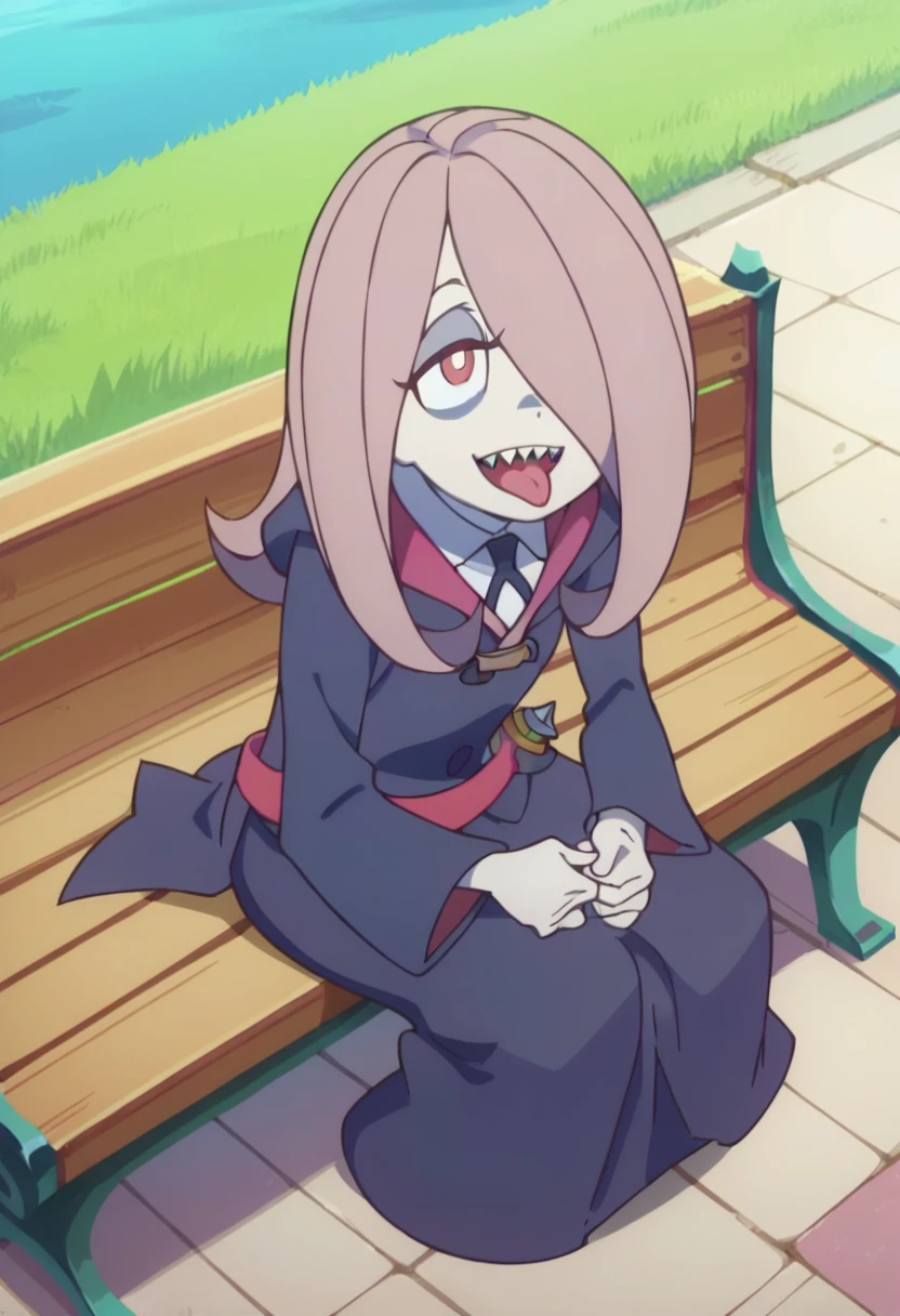 score_8_up, score_7_up, anime screencap, perfection, 1 girl, Sucy Manbavaran, solo, upper body , sitting on bench, witch academy uniform, long skirt, smiling, sharp teeth ,flat chest, outdoors, witch academy, from above, open mouth, tongue out, shy,