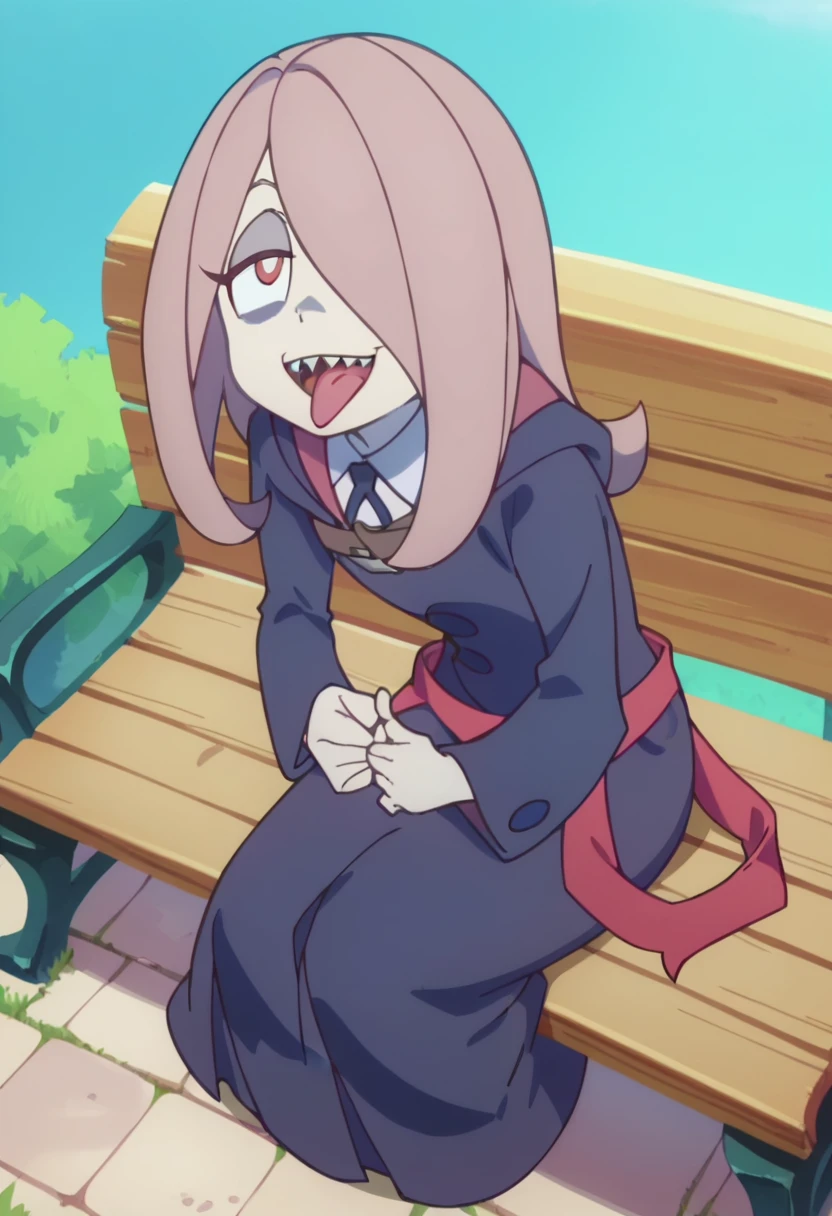 score_8_up, score_7_up, anime screencap, perfection,  1 girl, Sucy Manbavaran, solo, two eyes, lies on floor, lies on back, lies on carpet, in girl bedroom, witch academy uniform, long skirt, sharp teeth ,flat chest, indoors, witch academy, from above, blushing, shy, seductive smile, aroused, spread legs, thong, cameltoe, skinny body,