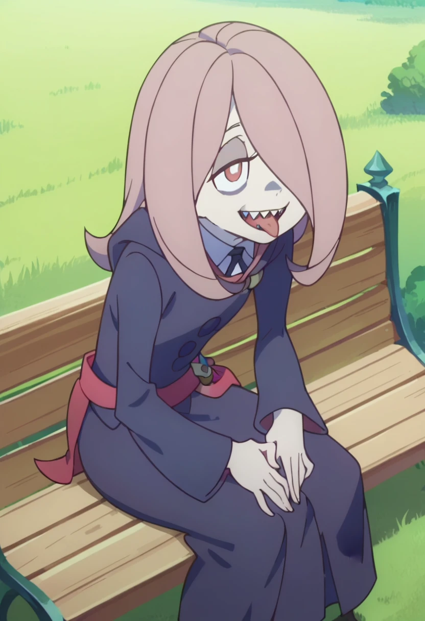 score_8_up, score_7_up, anime screencap, perfection, 1 girl, Sucy Manbavaran, solo, upper body , sitting on bench, witch academy uniform, long skirt, smiling, sharp teeth ,flat chest, outdoors, witch academy, from above, open mouth, tongue out, shy,