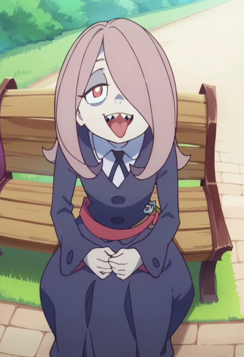 score_8_up, score_7_up, anime screencap, perfection, 1 girl, Sucy Manbavaran, solo, upper body , sitting on bench, witch academy uniform, long skirt, smiling, sharp teeth ,flat chest, outdoors, witch academy, from above, open mouth, tongue out, shy,