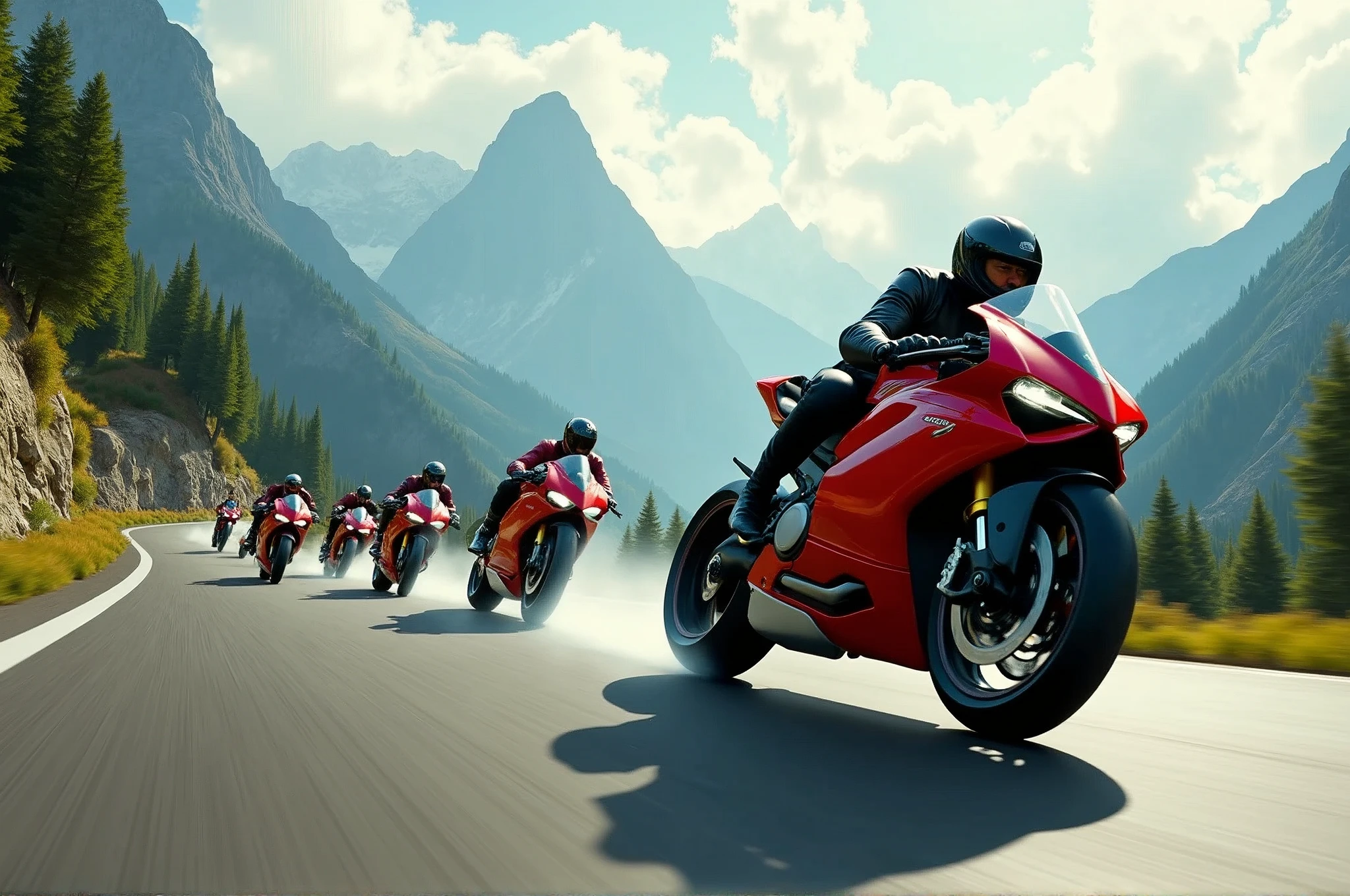 5 Ducati Panigale V4 riders streak across the winding asphalt, their sleek motorcycles leaving trails of smoke as they hurtle towards the rugged mountain range in the distance. The matte painting-style backdrop features towering peaks, lush green forests, and wispy cloud formations. Sunlight casts long shadows on the road, illuminating the motorcyclists' helmets and jackets as they bank into a turn, their tires screeching in perfect harmony., retina, accurate, masterpiece, super detail, high details, best quality, award winning, highres, HD, 4K, 8k, 16k, retina, accurate, masterpiece, anatomically correct, textured skin, super detail, high quality, award winning, highres, 8k, 16k