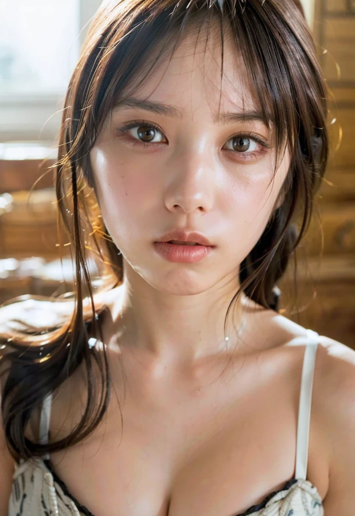 ((Extremely precise and accurate anatomy:1.0)), (photo Realistic:1.4), (hyper Realistic:1.4), (最高品質のRealisticな肌の質感:1.4), (Improvement of quality:1.4), (Enhances the beauty of skin texture:1.1), Clean and glowing skin, mesh, thin:1.2, (Realistic:1.3), Realisticなライティング, (Smoother lighting:1.05), (Improving the quality of cinema lighting:0.9), Backlight, A gentle light for your face, Ray Tracing, (Bright light:1.2), 32K, One Japanese woman, fine grain, Detailed face, (Film Grain:1.1),(Accentuates body lines:1.1), High resolution, Natural look, Kind eyes, Improves hair quality, Delicate light and shadow, Transparent muscles, Graceful pose, Beautiful Eyes, Sharp details, Soft light reflection, Beautiful contours, Delicate skin tone, Fine hair texture,Cute Japanese Women Photos, Little Woman, 20-year-old, Beautiful and perfect face, brown, Beautiful Face,