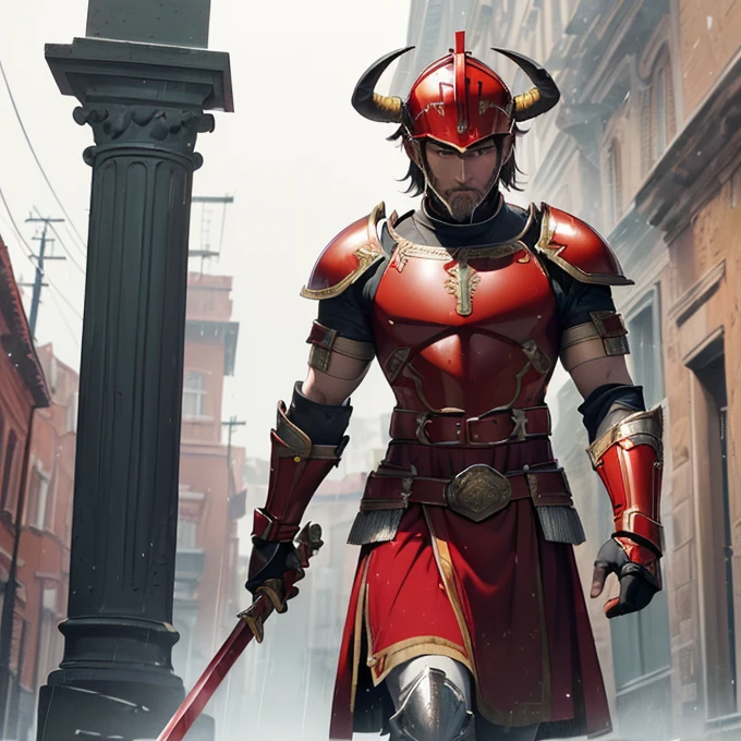 High Resolution, Simple background, Masterpiece, Best Quality, Detail, HD, High Quality, 
{{(male adult faun centurion: (fair skin, green eyes, pointy short black beard, sharp nose, black eyebrows, two goat firm horns), (crimson roman centurion helmet, roman crimson armor steel cuirass, bulky roman crimson shoulder plates, red roman armmored arms plates, crimson elbow plates, yellow belt, crimson armor , crimson knee armor plates, (yellow spear and silver roman gladius sword)), (marching quietly around, imponent walking, firmly marching), (rainy morning, roman white streets, roman houses, roman white pillars))}}