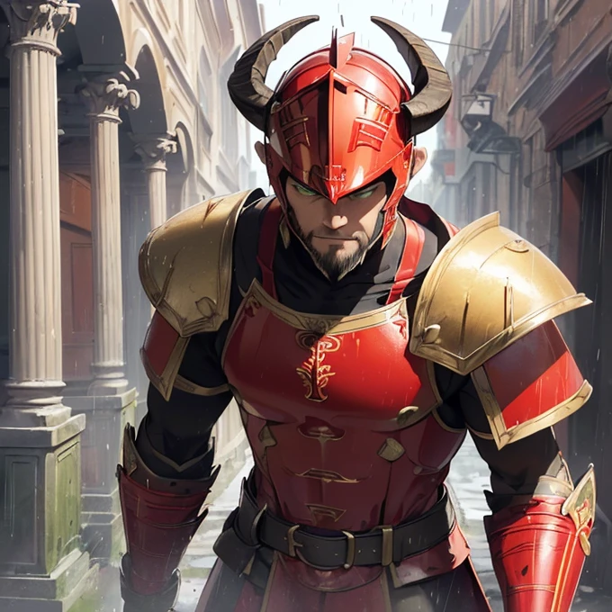 High Resolution, Simple background, Masterpiece, Best Quality, Detail, HD, High Quality, 
{{(male adult faun centurion: (fair skin, green eyes, pointy short black beard, sharp nose, black eyebrows, two goat firm horns), (crimson roman centurion helmet, roman crimson armor steel cuirass, bulky roman crimson shoulder plates, red roman armmored arms plates, crimson elbow plates, yellow belt, crimson armor hips, crimson knee armor plates, (yellow spear and silver roman gladius sword)), (marching quietly around, imponent walking, firmly marching), (rainy morning, roman white streets, roman houses, roman white pillars))}}