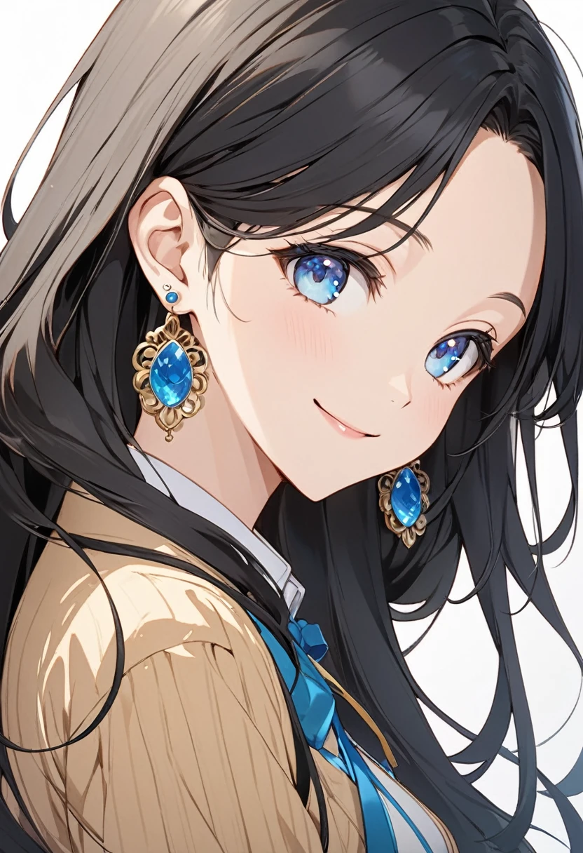 One girl, High resolution, Long Hair, smile, Blonde, blue eyes, High resolution, high quality, Black Hair, とてもLong Hair, Earrings, smile, Simple Background, ribbon, Illustration, anime風, anime, 