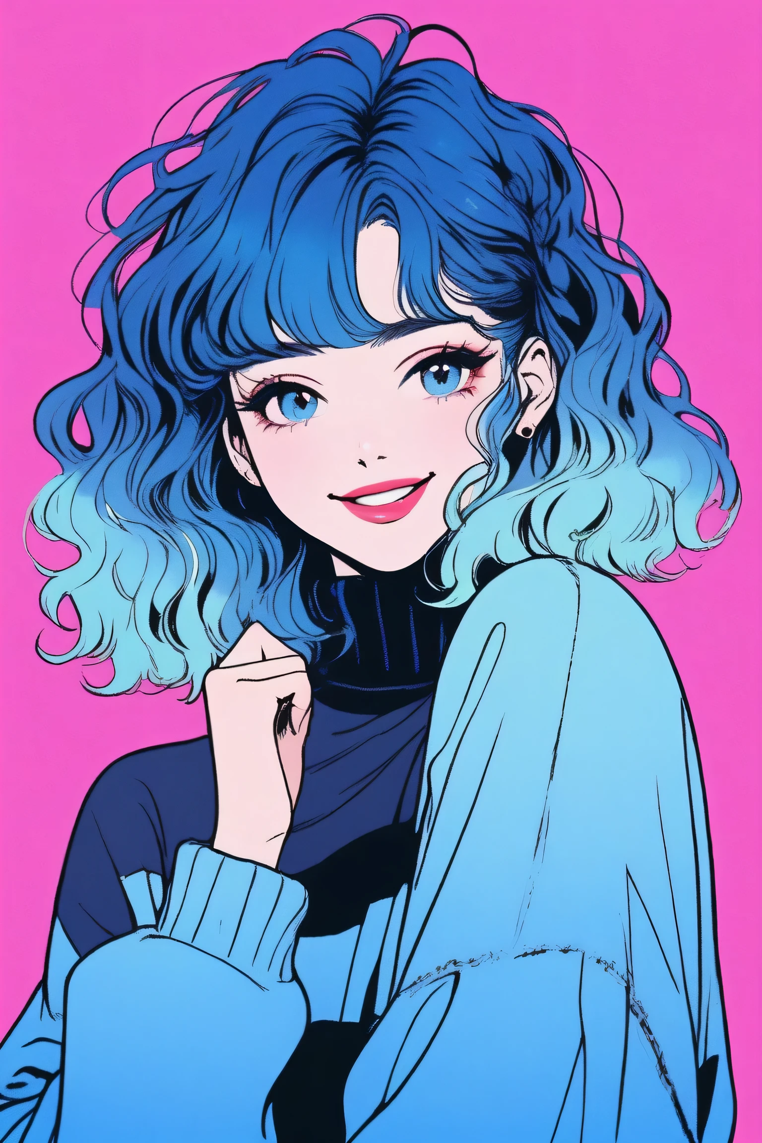 (best quality, sketch:1.2),realistic,illustrator,anime,1 girl, detailed lips, sweater, custom, blue gradient background, neon hair, Blue hair, medium wavy hair, blunt bangs, friendly, cute smile, kind smile, textured cropping, masterpiece, style retro classic, noir dark