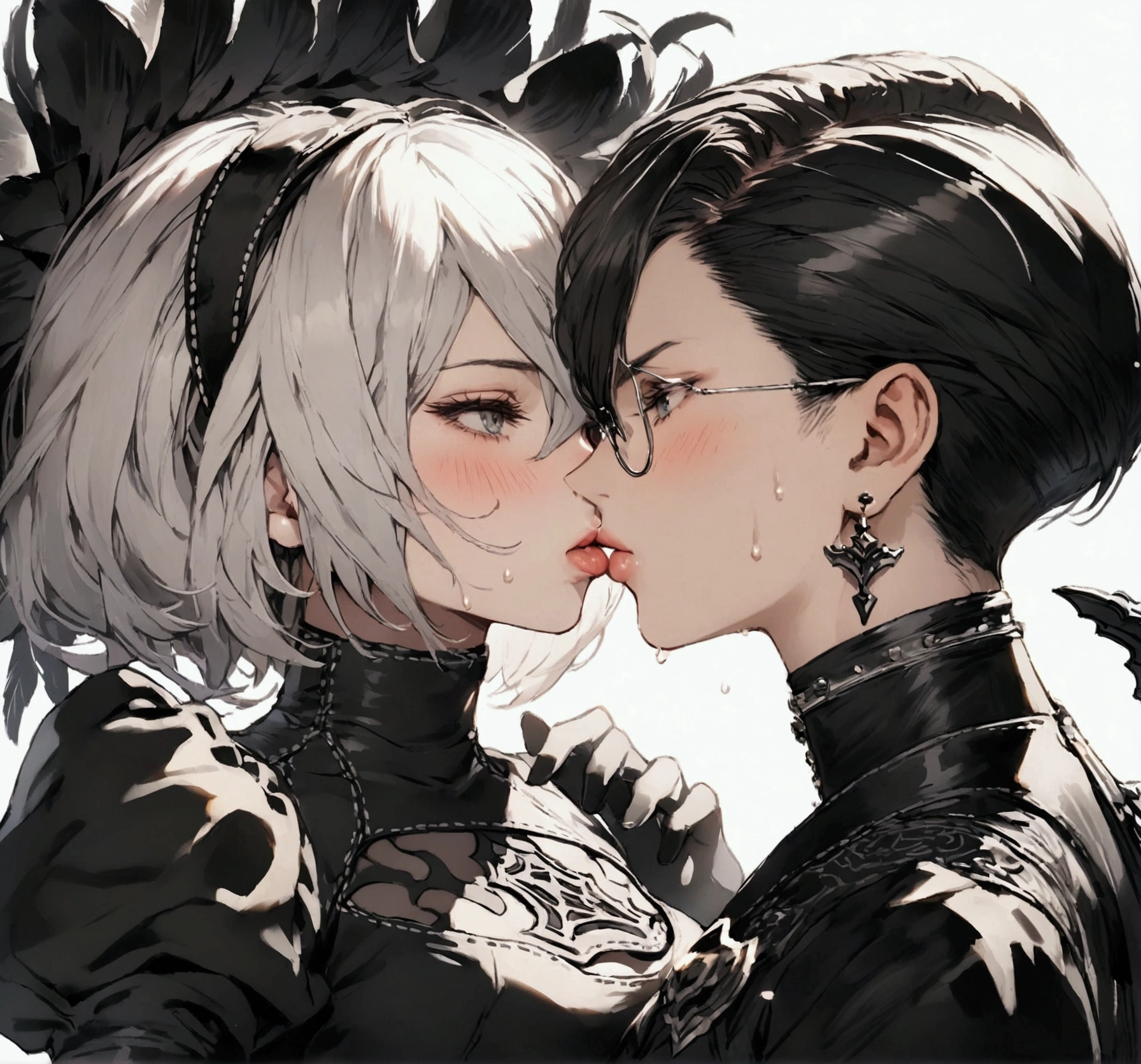 Best Quality, 2B Nier Automata and Bayonetta, giving each other a kiss, sweating a lot,