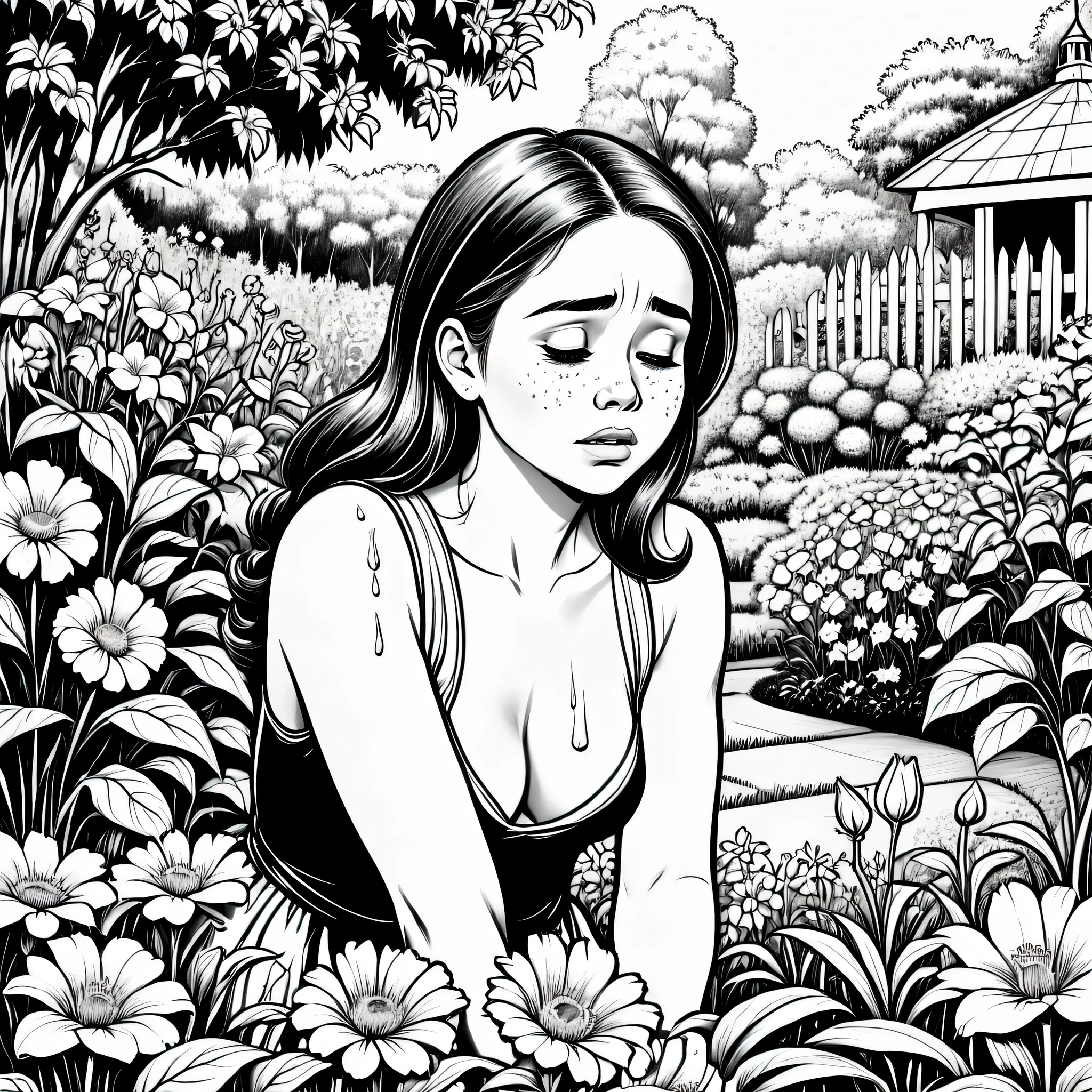Clean black and white coloring book page of Young lady sad and crying in beautiful garden picking flowers, black and white, outlines only, line art, vector, black background, vector art, entire image should be defined with outlnes and edges clearly for page to colored and filled in with markers after printing