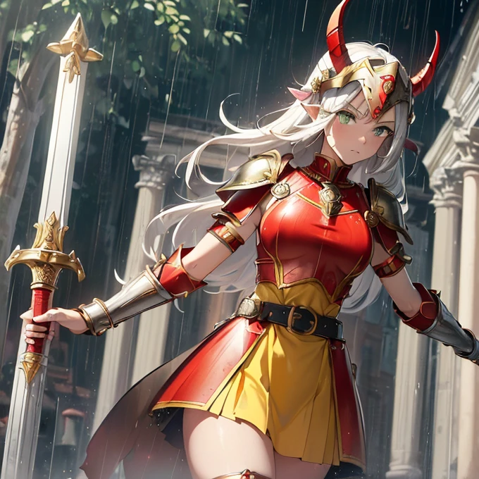 High Resolution, Simple background, Masterpiece, Best Quality, Detail, HD, High Quality, 
{{(female adult faun centurion: (fair skin, green eyes, sharp nose, black eyebrows, two goat firm horns), (crimson roman centurion helmet, roman crimson armor steel cuirass, bulky roman crimson shoulder plates, red roman armmored arms plates, crimson elbow plates, yellow belt, crimson armor hips, crimson knee armor plates, (yellow spear and silver roman gladius sword)), (marching quietly around, imponent walking, firmly marching), (rainy morning, roman white streets, roman houses, roman white pillars))}}