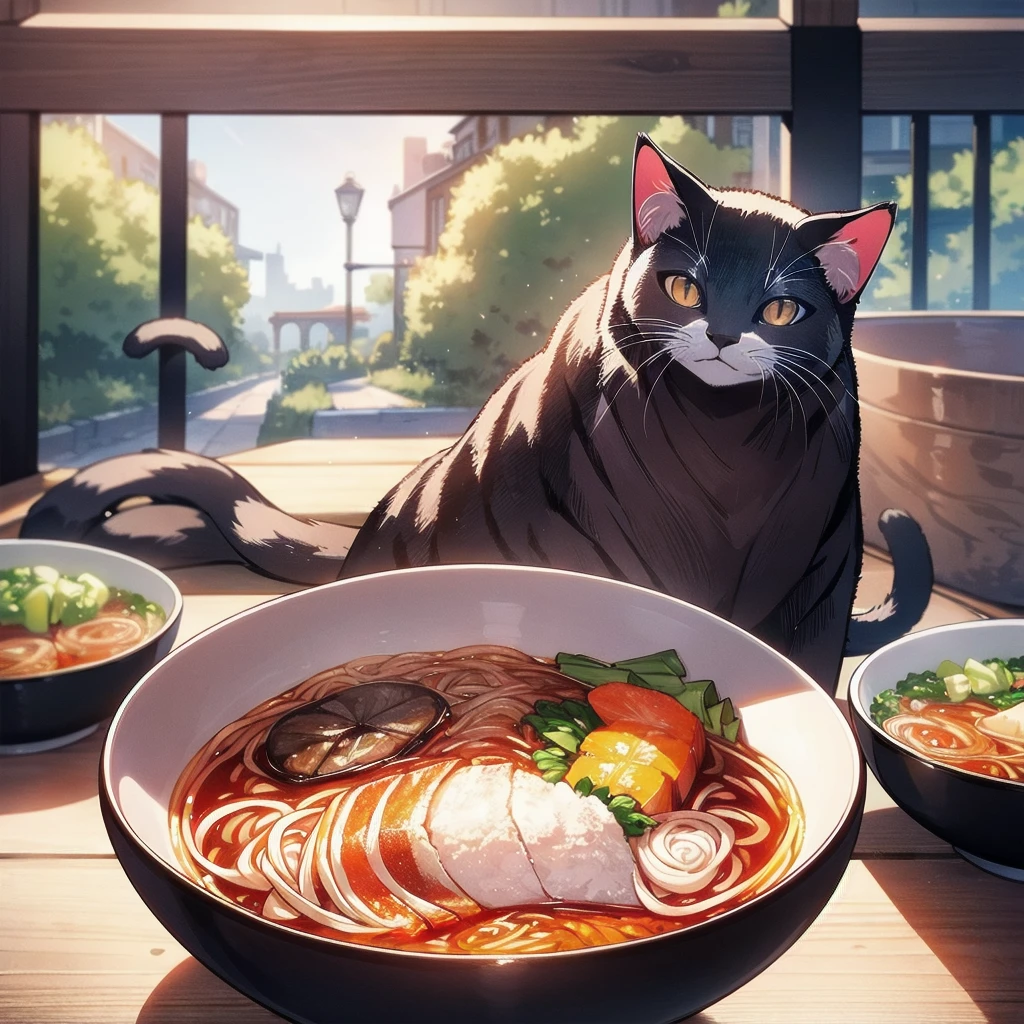 Unreal Engine, Detailed Background, Detailed Foreground, Depth of written boundary, Cat eating ramen,