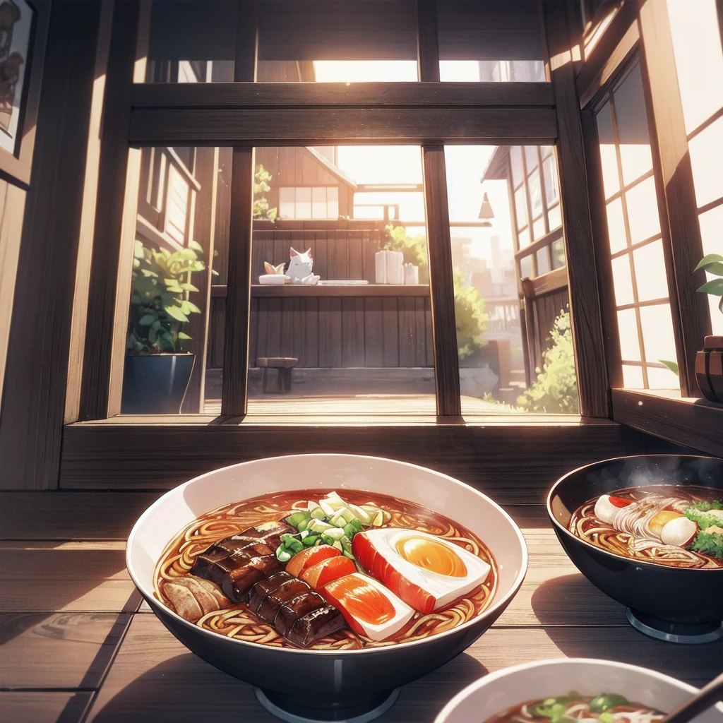 Unreal Engine, Detailed Background, Detailed Foreground, Depth of written boundary, Cat eating ramen, 