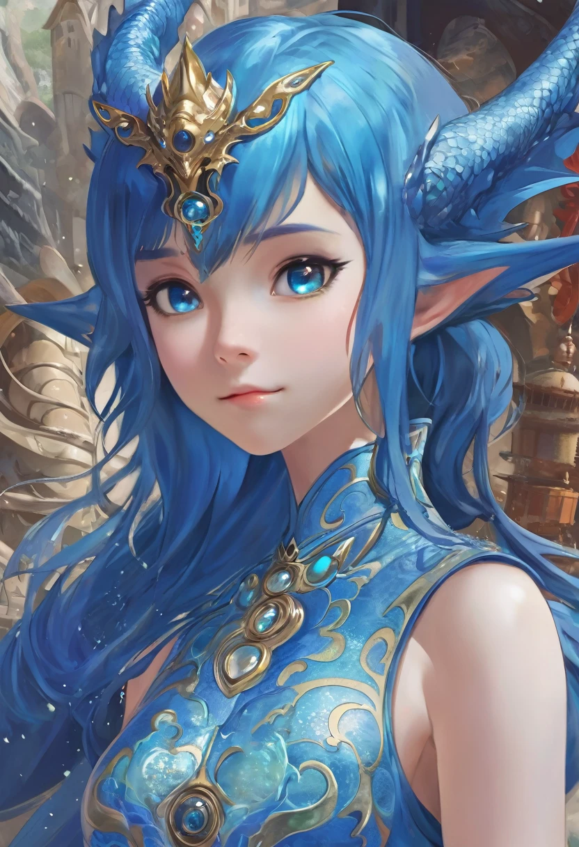 A blue dragon girl with her big soul and bright eyes looking into your face 