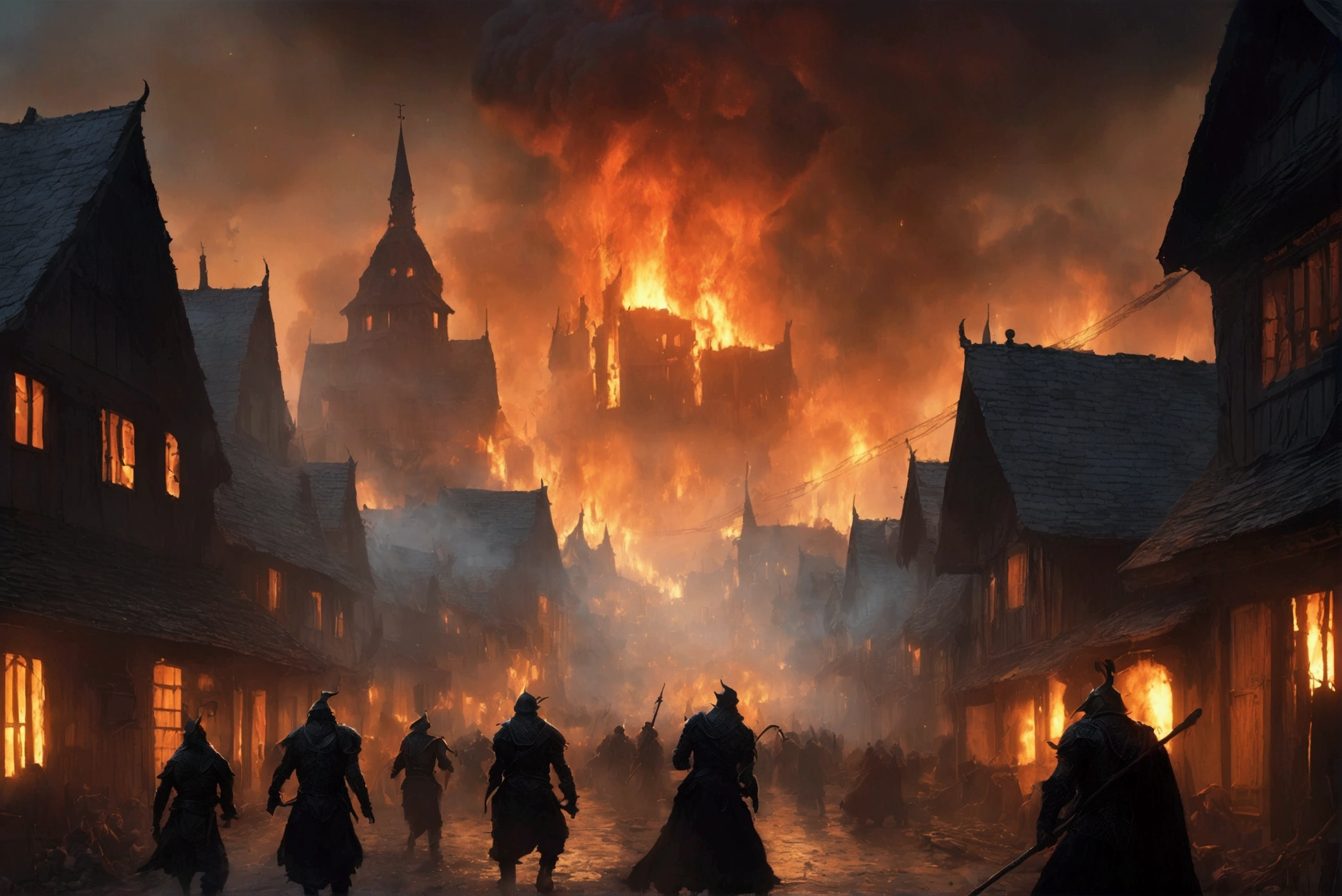 A cinematic, epic scene of a dark army led by a Dark Lord invading a village at dusk. The sky is filled with dark clouds and smoke from burning buildings. The Dark Lord, towering and menacing, wields a staff emitting dark energy. The army includes shadowy figures and various monstrous creatures wreaking havoc. Villagers are fleeing in terror, some carrying children or belongings. Fires blaze throughout the village, adding to the chaos. Focus on dynamic motion, dark magic, and the intense, apocalyptic atmosphere.
