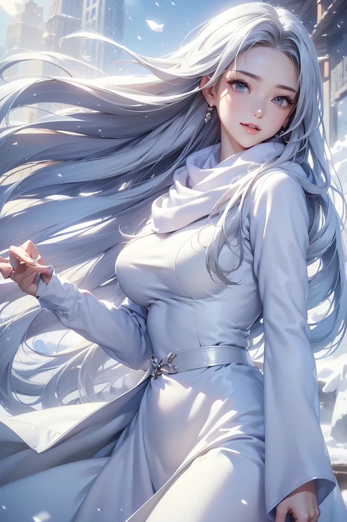 ((masterpiece:1.5、8k、Portraiture、フォトリアリスティックでVery detailedなCG、Very detailed、Particle Effects、Dynamic Effects、Shallow depth of field、Cinematic Light、Lens flare、Ray Tracing、Tabletop、Realistic:1.4、Ultra-high resolution:1.2、Realistic、Realistic))((alone、,オフショルダーのドレスの上にカシミアのcoatを着た女性:1.4、wear a long scarf、White belt、coat、Elegant woman posing、Detailed face、bright表情、young, bright, Whiter skin、small breasts、Best Looks、Ultimate beauty、Shiny silver hair with highlights、bright and shiny hair,、Super long, Silky straight hair、Hair dancing in the wind))(morning、outdoors, winter, snow falling)