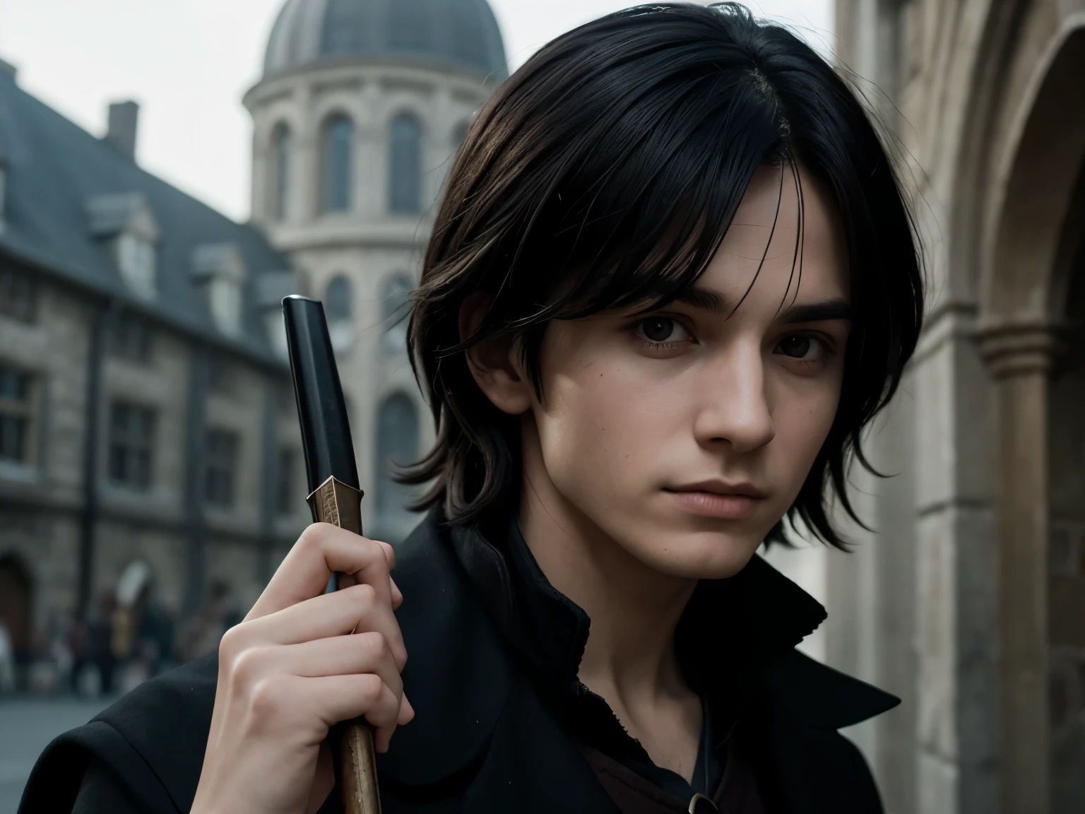 Severus Rogue at the age of  from harry potter in front of hogwart school, high quality, high details 