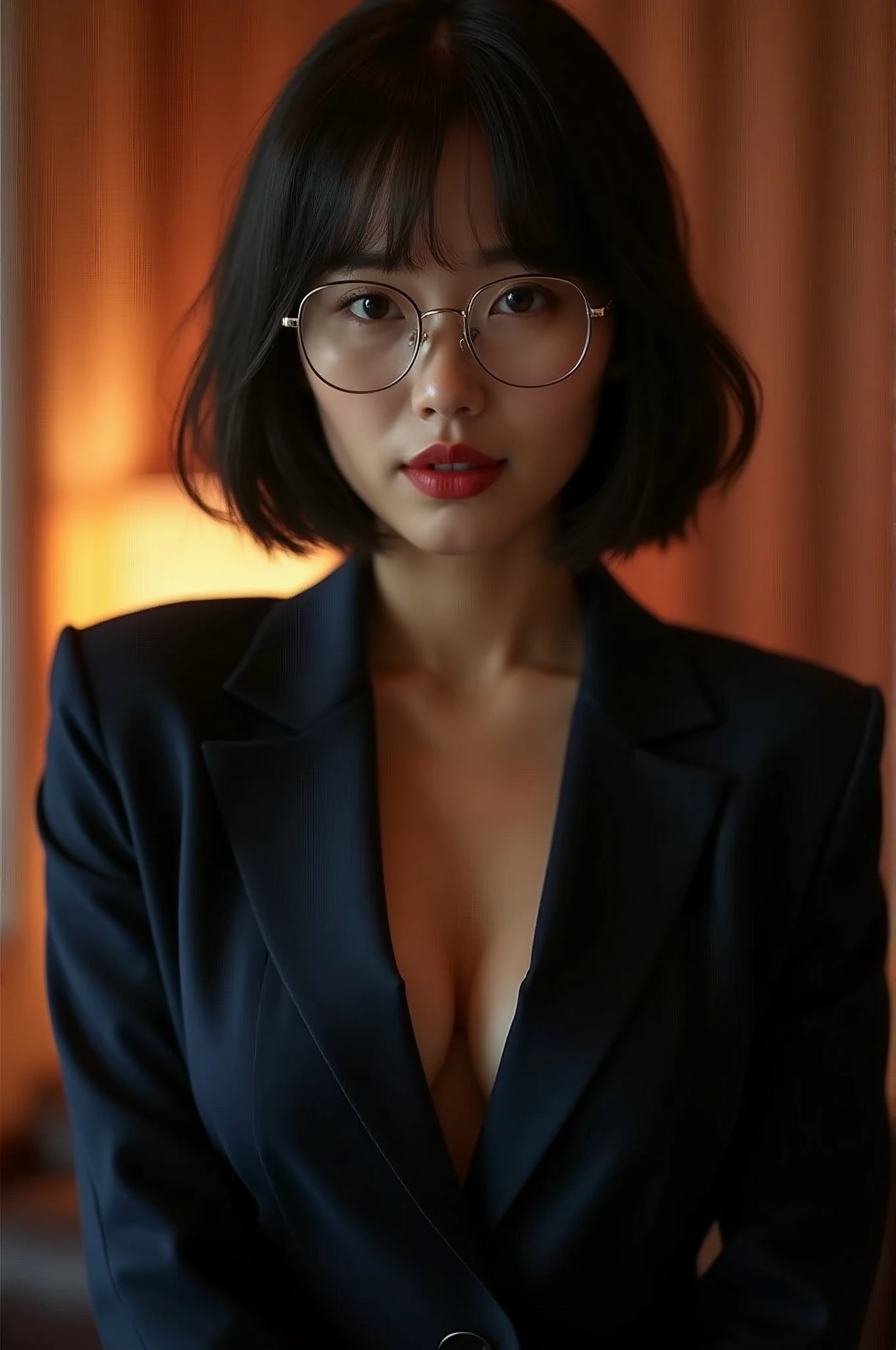 (Highest quality、Highest quality、8k resolution、masterpiece、Professional photography、Award-winning works)、(Beautiful Japanese office lady:1.1)、(The most moody and romantic night in a love hotel:1.1)、(Strongly blurred background:1.1)、The most romantic and moody atmosphere、(The perfect dark navy business suit:1.2)、(Cleavage:1.3)、(Voluptuous body:1.3)、Standing Elegantly、Voluptuous body、(Very short bob hair:1.1)、(Classy glasses:1.2)、A seductive look staring at me、(Large Breasts:1.3)、Perfect Makeup、Beautiful lipstick、Elegant eyeshadow、Long eyelashes、Ultra-high resolution glossy skin、(Accurate anatomy:1.1)、(Closed lips:1.3)、(Face close-up:1.2)