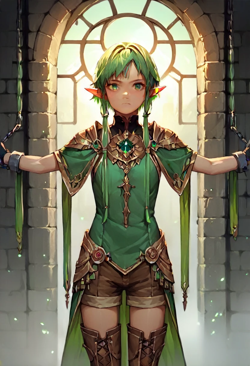 score_9, score_8_up, score_7_up, score_6_up, score_5_up, score_4_up, source_anime, 1girl,best quality, (masterpiece:1.2), detailed,
1girl, solo, closed mouth, pointy ears,
green hair, green eyes, short hair, short hair with long locks, 
green dress, black bow, black gloves, asymmetrical gloves, brown shorts,
thigh boots, brown cape,
standing, looking at the viewer, w-w-chain, shackles, spread arms, dungeon, best quality, best res, 4K UHD,
 