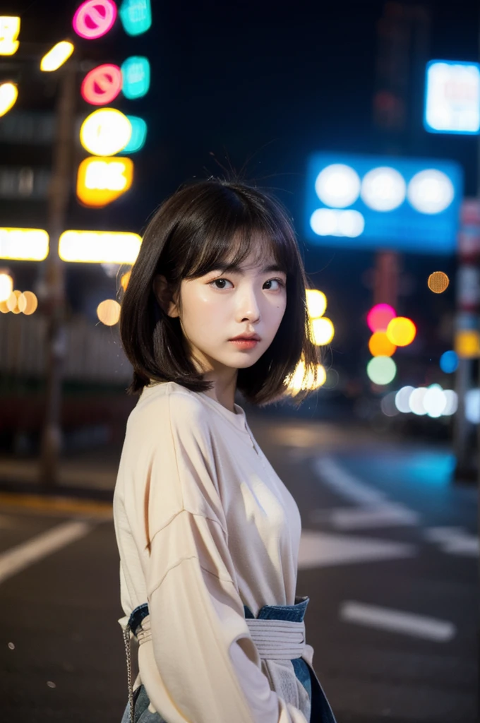 (Cinematic Aesthetic:1.4) Photo of a beautiful korean fashion model bokeh city night