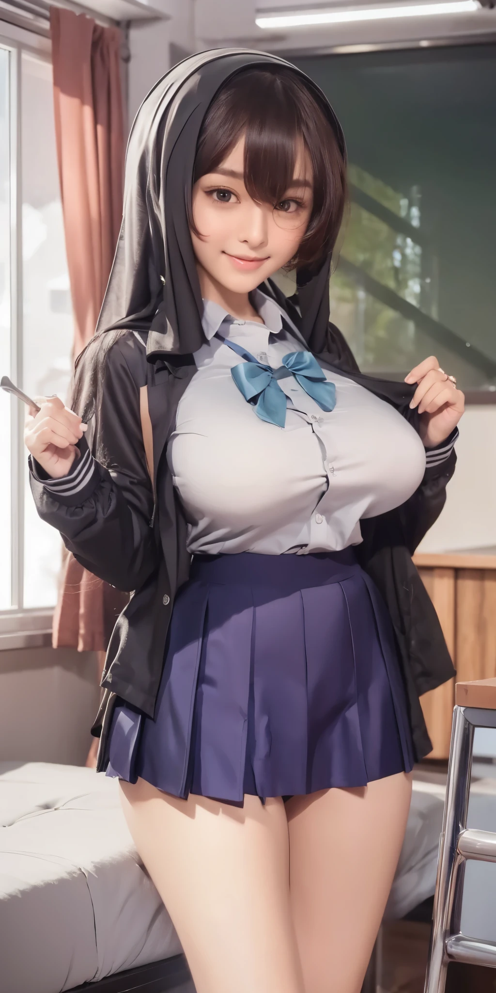 She takes off her uniform and her boobs are visible