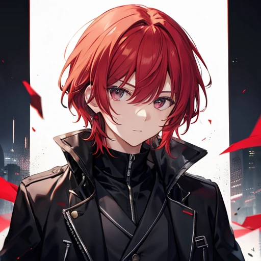 (male),Crimson hair,Put on a black coat,Front facing,
