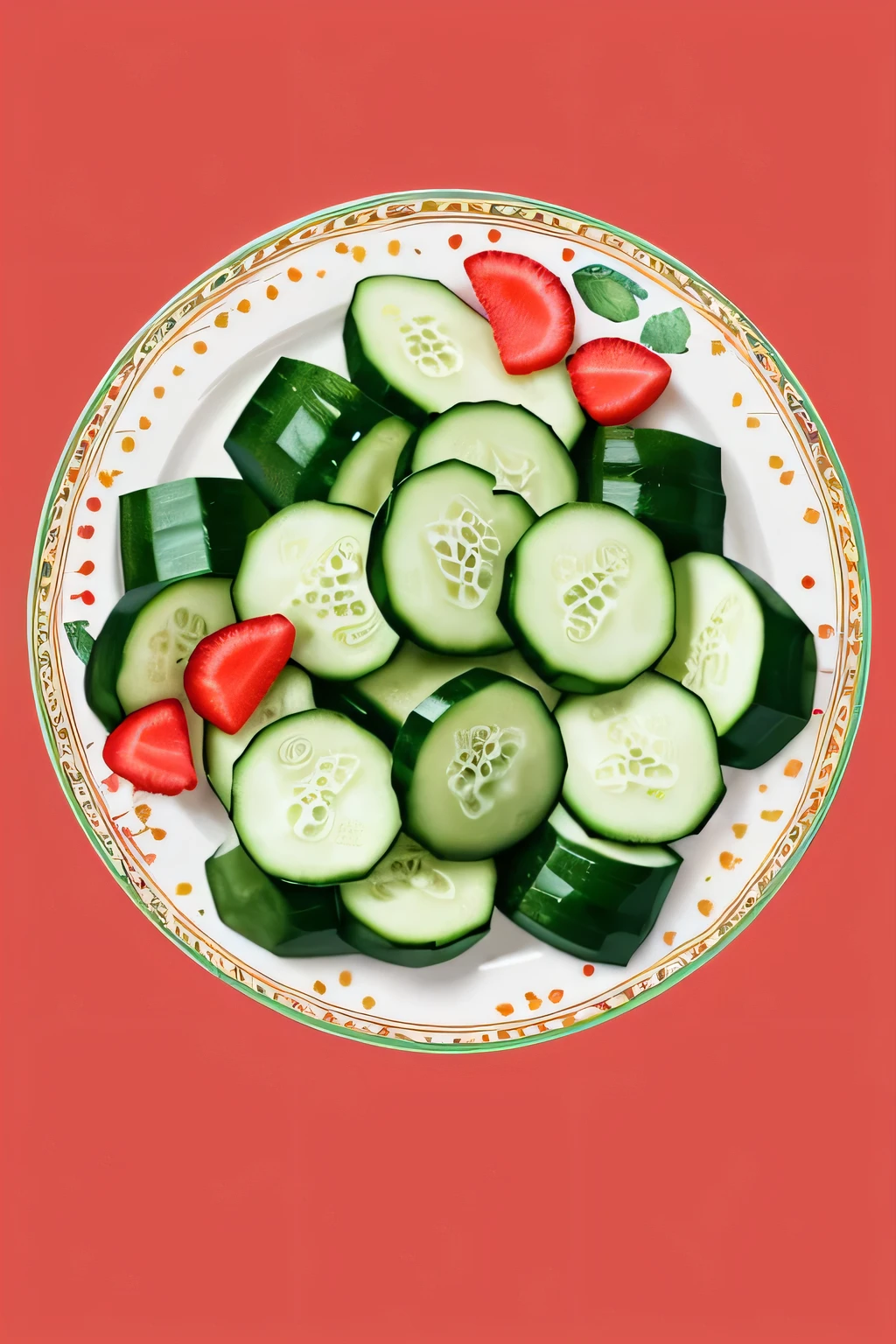 Illustrations for children's picture books,realistic, detailed illustration,plate, (cucumber on dish:1.2), only cucumber, no other fruits, table, on, placed, bright, single-color, background, arrangement, red fruit, soft warm colors, fine details, simple background, hand-painted style, digital art touch,(illustration:1.5), (Watercolor:1,2), (focus on cucumber :1.3)