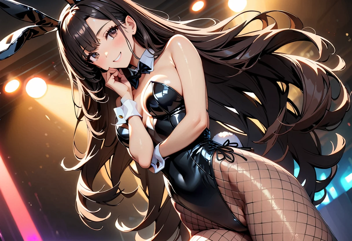 (Highest quality:1.2, Attention to detail, masterpiece:1.2, Best aesthetics), (1 girl), Cowboy Shot, ((Playboy Bunny, Fishnet tights:1.2, Bunny ears, ハイレグ leotard, 黒leotard:1.1, leotard)), (Black Hair, Long Hair, Asymmetrical bangs, Dark brown eyes), 美しいAttention to detail目, Beautiful lip detail, Highly detailed face, Detailed Fashion, elegant, luxury, High quality fabric, Shine, Shine, smile, Random Pause, Dutch Angle, bar, Nightclub, night, Dramatic lighting, Cinematic, Bright colors, Intricate details, Chiaroscuro lighting.