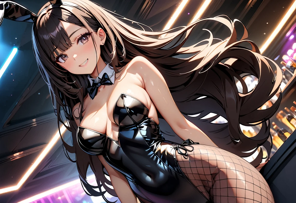 (Highest quality:1.2, Attention to detail, masterpiece:1.2, Best aesthetics), (1 girl), Cowboy Shot, ((Playboy Bunny, Fishnet tights:1.2, Bunny ears, ハイレグ leotard, 黒leotard:1.1, leotard)), (Black Hair, Long Hair, Asymmetrical bangs, Dark brown eyes), 美しいAttention to detail目, Beautiful lip detail, Highly detailed face, Detailed Fashion, elegant, luxury, High quality fabric, Shine, Shine, smile, Random Pause, Dutch Angle, bar, Nightclub, night, Dramatic lighting, Cinematic, Bright colors, Intricate details, Chiaroscuro lighting.