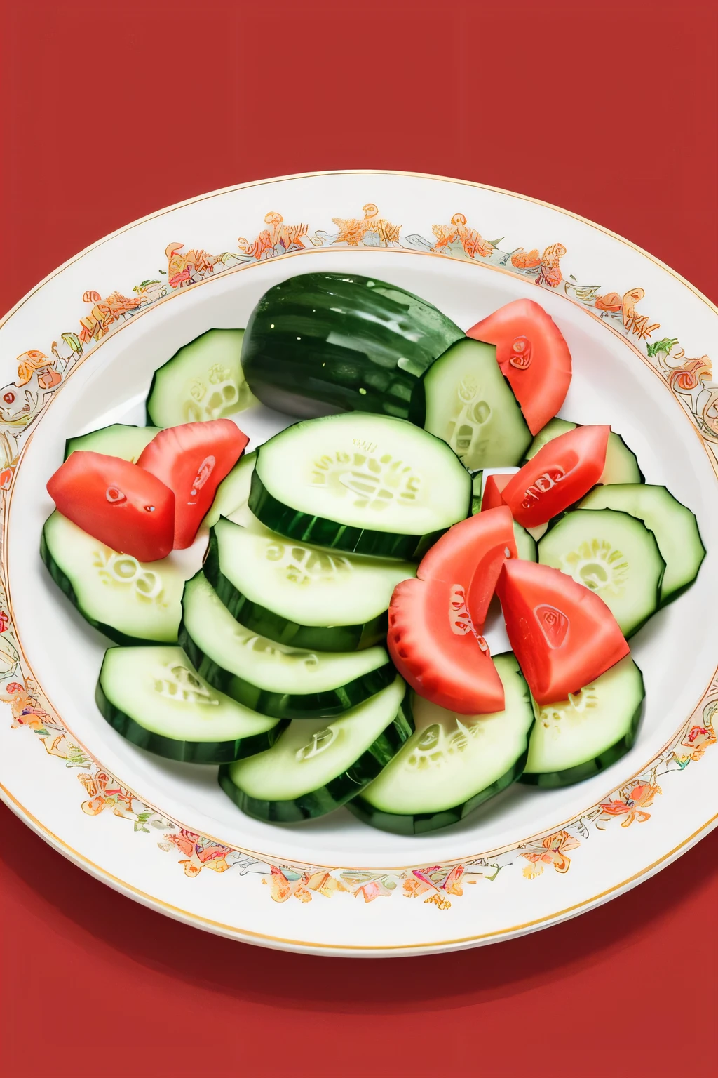 Illustrations for children's picture books,realistic, detailed illustration,plate, (cucumber on dish:1.2), only cucumber, no other fruits, table, on, placed, bright, single-color, background, arrangement, red fruit, soft warm colors, fine details, simple background, hand-painted style, digital art touch,(illustration:1.5), (Watercolor:1,2), (focus on cucumber :1.3)