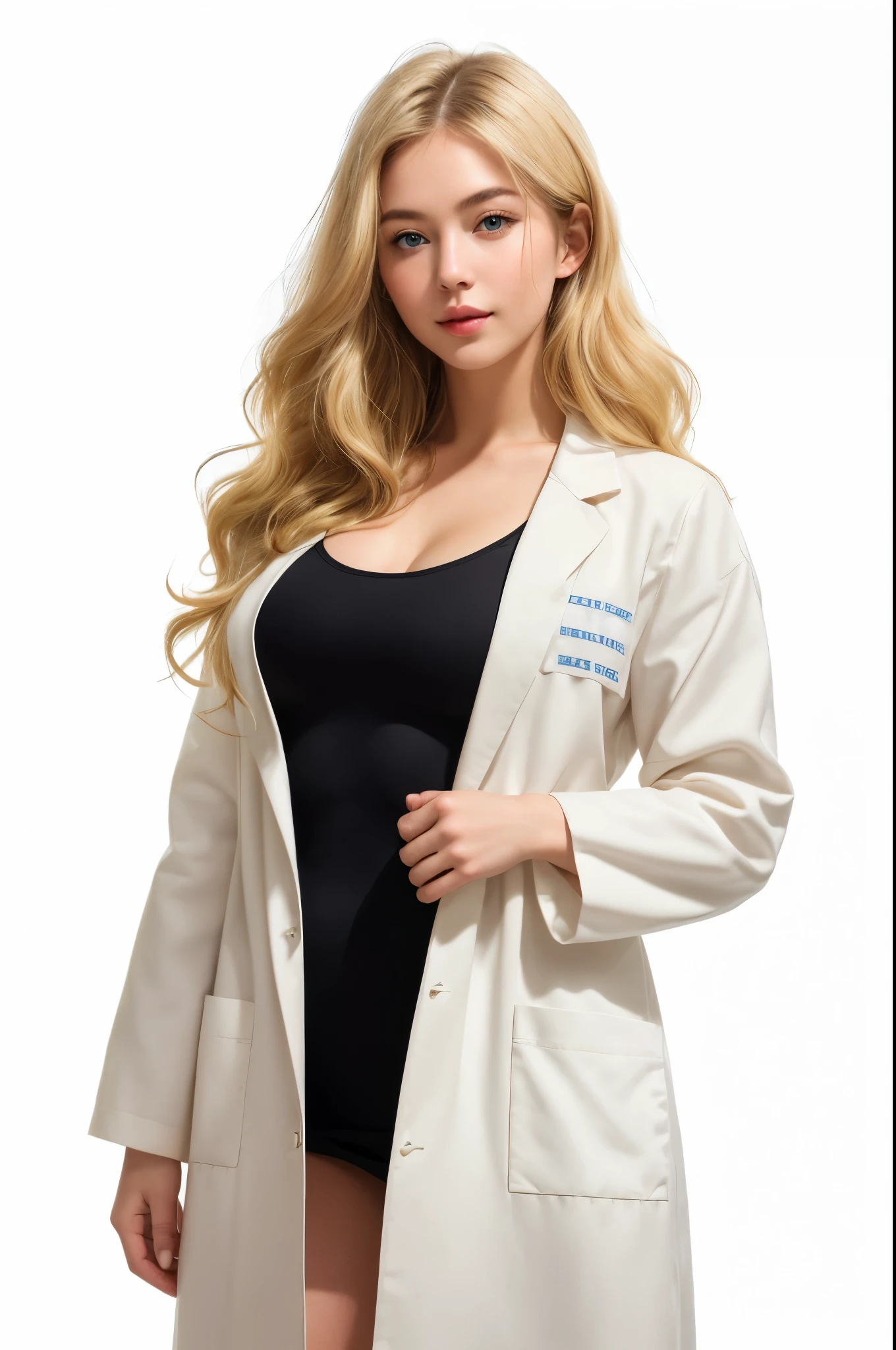 1 名girl, Cowboy shooting, tight skirt,  Full lips, A pair of big clear eyes, 漂亮的金色Long hair,  (complicated, Very detailed, 8K, masterpiece), Soft tones，blue eyes,Best quality image: full-body shot，blond，25岁阳光girl，（make up，Lipstick：1.5），fit、Sexy，Energetic and lovely，girl, 一个十九岁的欧洲girl, Solitary, Aesthetic Artwork, （blond：1.5）, blond，Very beautiful face，（White skin：1.5），Long hair, Blue Eyes, Light blue eyes, , Pale skin, （Textured Skin, Skin pores:1.1), (Extremely detailed 8k wallpaper), Soft lighting, high quality, Film Grain, Fuji XT3 Clear focus, f 5.6, 50 mm, High Detail, Clear focus,(Natural light), 独奏，Chest，Experimental clothes，Long hair，Cleavage，Looking at the audience，大Chest，White background，Simple background，黑色tight skirt，Cowboy lens，coat，白色coat 疯狂的细节, Intricate details, Ultra Detailed，No shadow，Her smile is full of happiness and confidence，He stood on a clean, Neat background. Crisp image details，Relaxed and natural texture. The lighting is very cinematic, The soft and bright light shines on her beautiful face., Enhance the depth and dimension of your photos.
