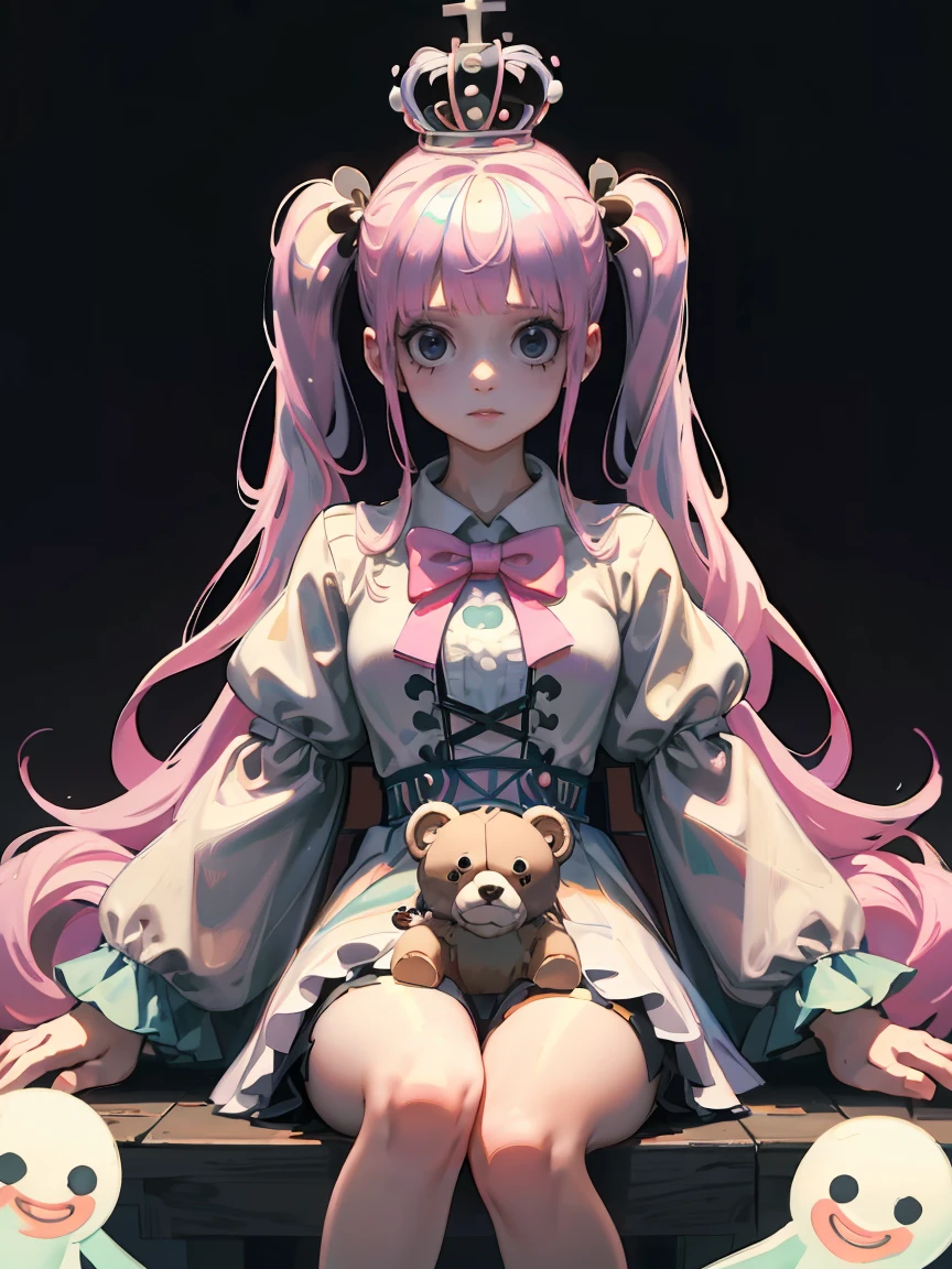 platform, one piece, Wearing the Crown, Pink twin tails, Long Hair, Keeping a stuffed bear, Kumasi,  White transparent holo ghost floating., Throne, Sitting on a luxurious throne, Crossing your legs, (((masterpiece:1.4))), (Highest quality:1.4), (Ultra-high resolution:1.4), (Highest quality:1.2), (Super detailed:1.3), 16K