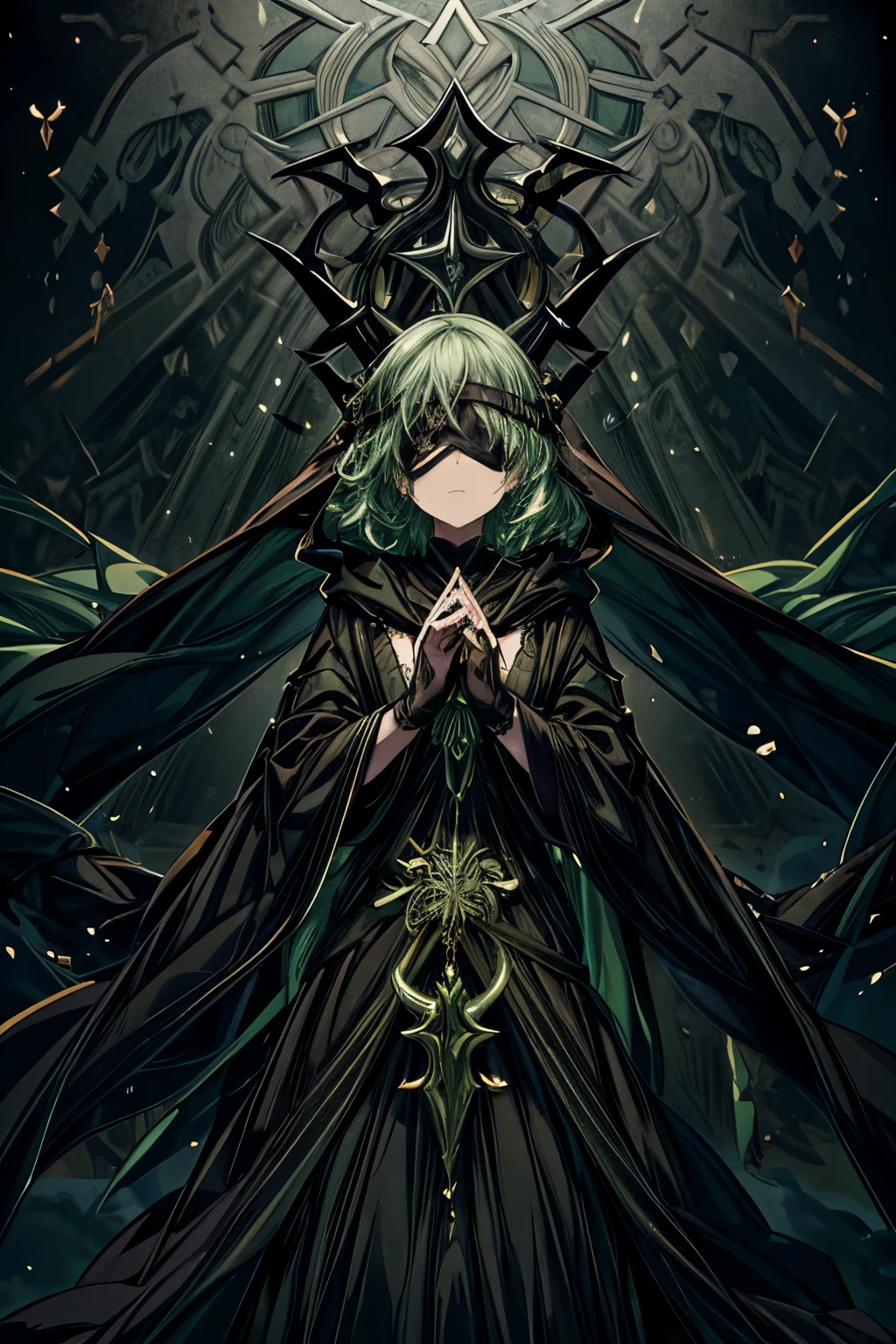 1girl, (masterpiece, best quality), (anime), (adult), intricate details, green hair, black blindfold, black veil, black robes, dramatic lighting, ethereal atmosphere, delicate features, flawless skin, flowing robes, mysterious expression, dark fantasy, cinematic composition, chiaroscuro lighting, snake theme, snake motifs,