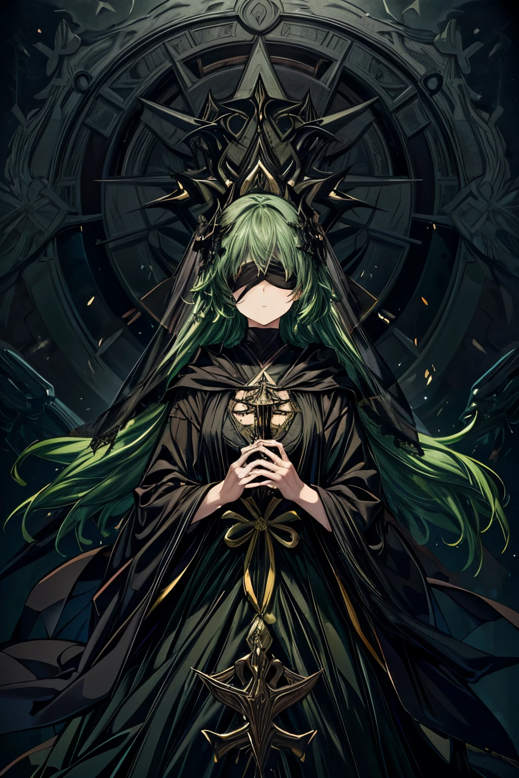 1girl, (masterpiece, best quality), (anime), (adult), intricate details, green hair, black fold, black veil, black robesmatic lighting, ethereal atmosphere, delicate features, flawless skin, flowing robes, mysus expression, dark fantasy, cinematic composition, chiaroscuro lighting, snake theme, snake motifs,