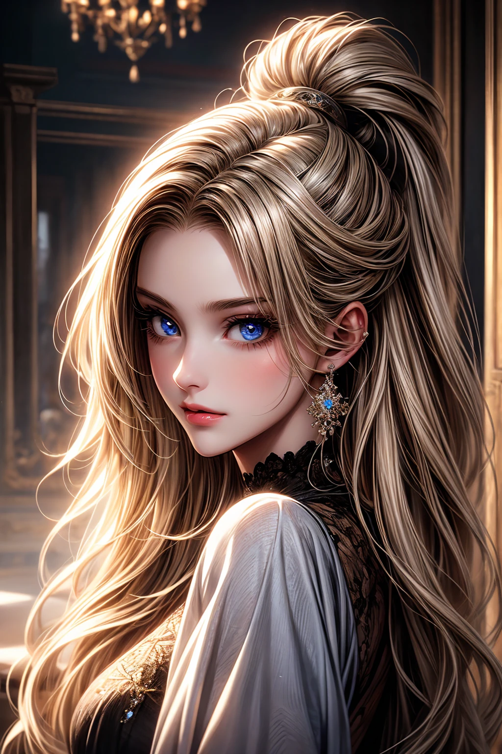 A girl in a room,beautiful detailed eyes,beautiful detailed lips, very long hair, blonde hair, extremely detailed eyes and face,longeyelashes,illustration,ultra-detailed,best quality,4k,8k,highres,masterpiece:1.2,ultra-fine painting,sharp focus,professional,vivid colors,portraits, light smile, dark aura