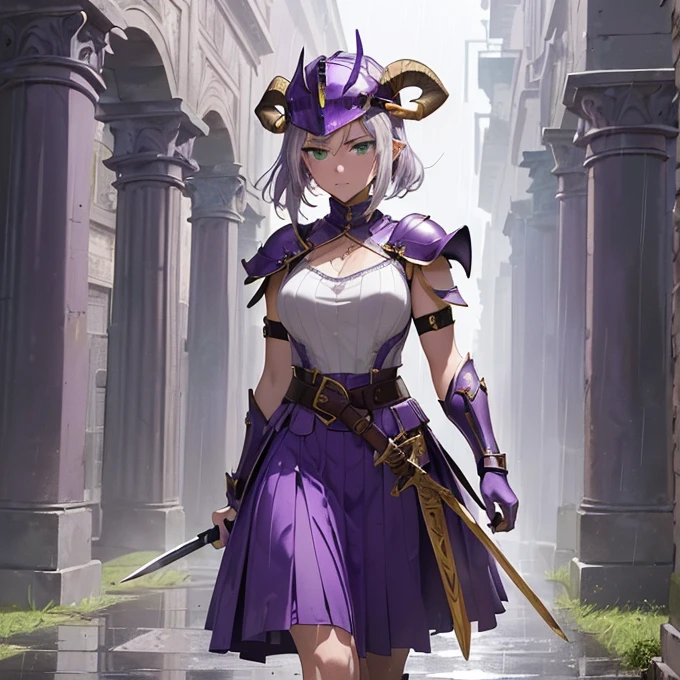 High Resolution, Simple background, Masterpiece, Best Quality, Detail, HD, High Quality, 
{{(female adult faun praetorian guard: (fair skin, green eyes, sharp nose, black eyebrows, two goat firm horns), (violet roman praetorian helmet, roman violet armor steel cuirass, bulky roman violet shoulder plates, violet roman armmored arms plates, violet elbow plates, violet belt, violet armor hips, violet knee armor plates, (yellow spear and silver roman gladius sword)), (marching quietly around, imponent walking, firmly marching), (rainy morning, roman white streets, roman houses, roman white pillars))}}