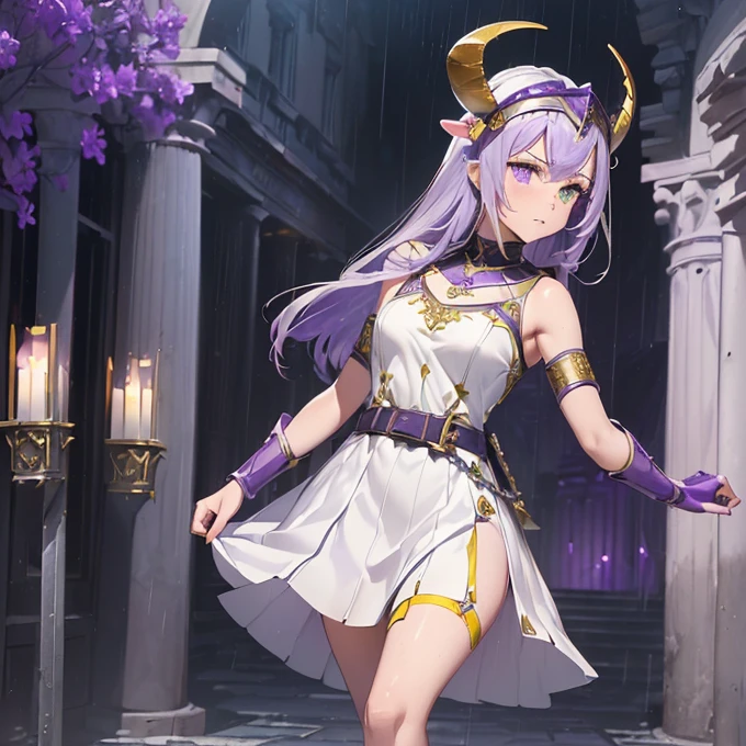 High Resolution, Simple background, Masterpiece, Best Quality, Detail, HD, High Quality,
{{(female adult faun praetorian guard: (fair skin, green eyes, sharp nose, black eyebrows, two goat firm horns), (violet roman praetorian helmet, roman violet armor steel cuirass, bulky roman violet shoulder plates, violet roman armmored arms plates, violet elbow plates, violet belt, violet armor hips, violet knee armor plates, (yellow spear and silver roman gladius sword)), (marching quietly around, imponent walking, firmly marching), (rainy morning, roman white streets, roman houses, roman white pillars))}}