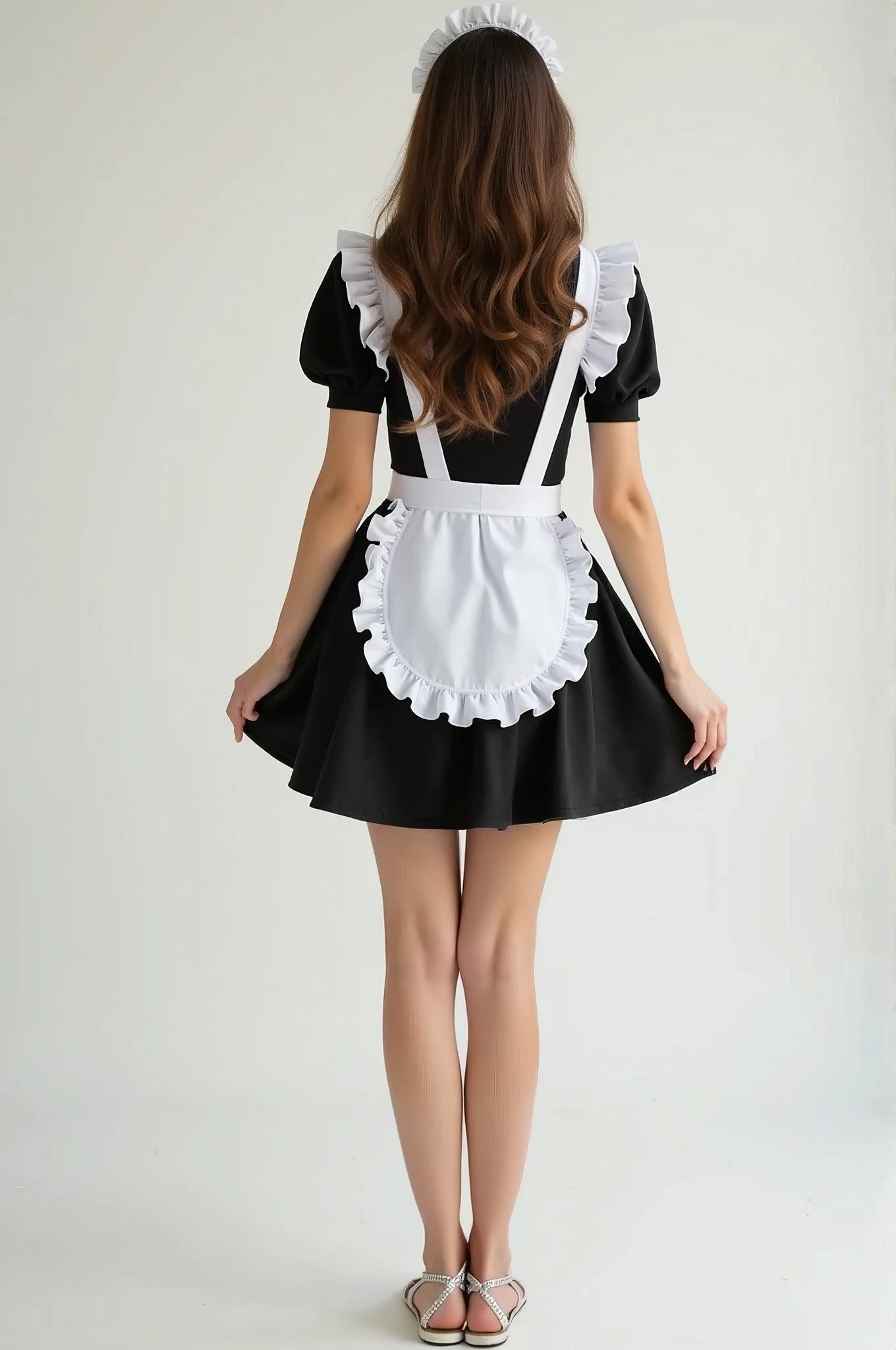 (Highest quality、Tabletop、、Best image quality、Award-winning works)、Beautiful maid、(Perfect Black and White Luxury Short Maid Dress:1.2)、(Berry Mini Skirt Maid Dress:1.2)、(Bold exposure of thighs:1.2)、(Rear view:1.4)、(The simplest pure white background:1.3)、The best smile、Smiling with beautiful teeth、(Large Breasts:1.1)、(Beautiful legs:1.1)、(Low - Angle:1.4)、(Panties are slightly visible from under the skirt:1.1)、(Shooting from below:1.3)
