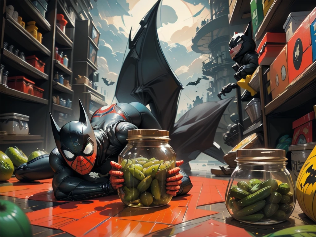 Generate an image of a popular superhero (e.g., Spider-Man, Batman) dealing with a mundane or silly problem, like struggling to open a jar of pickles. Add a funny caption that plays on the superhero's usual competence.